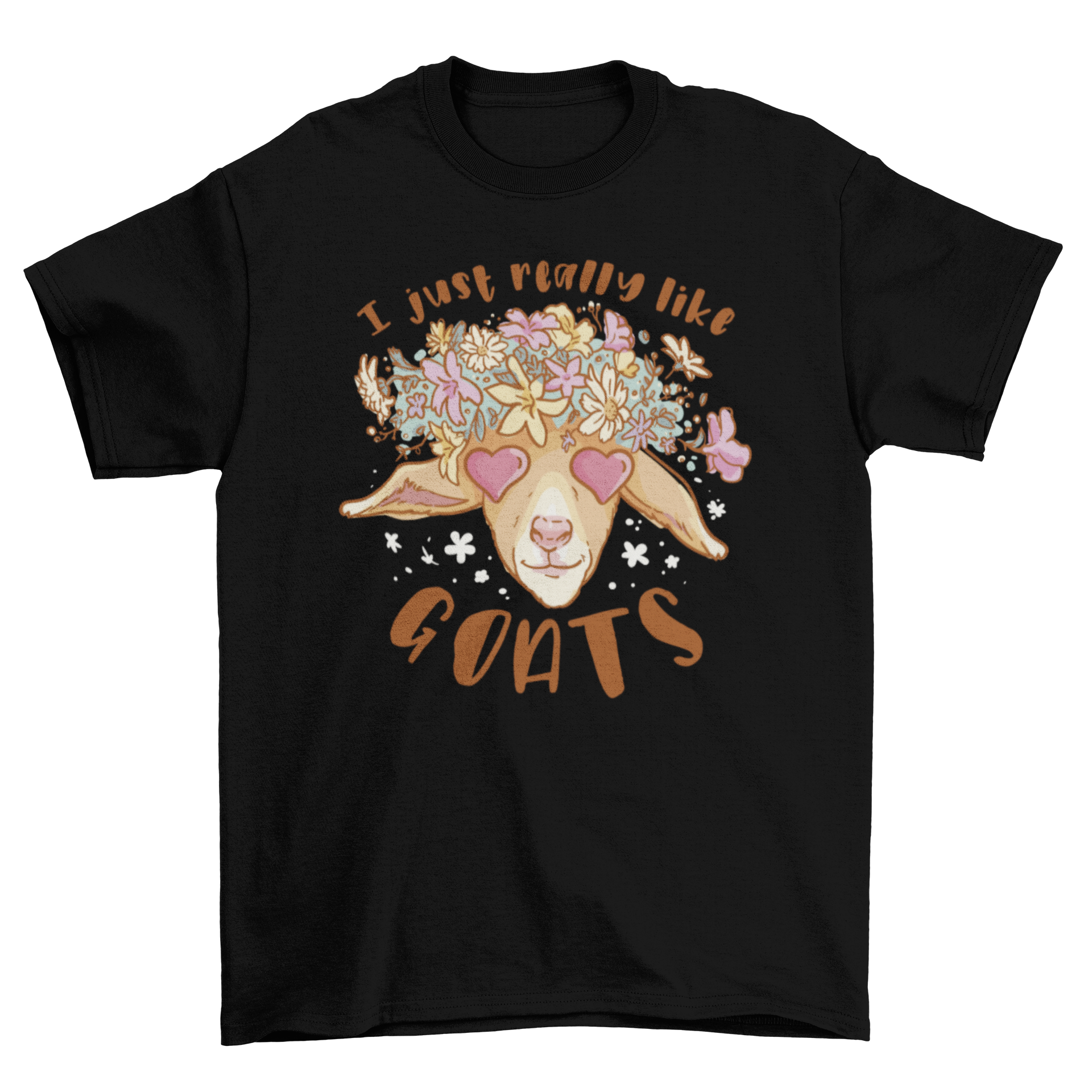 Cute t-shirt featuring a goat's head surrounded by flowers with the quote 'I just really like goats'.