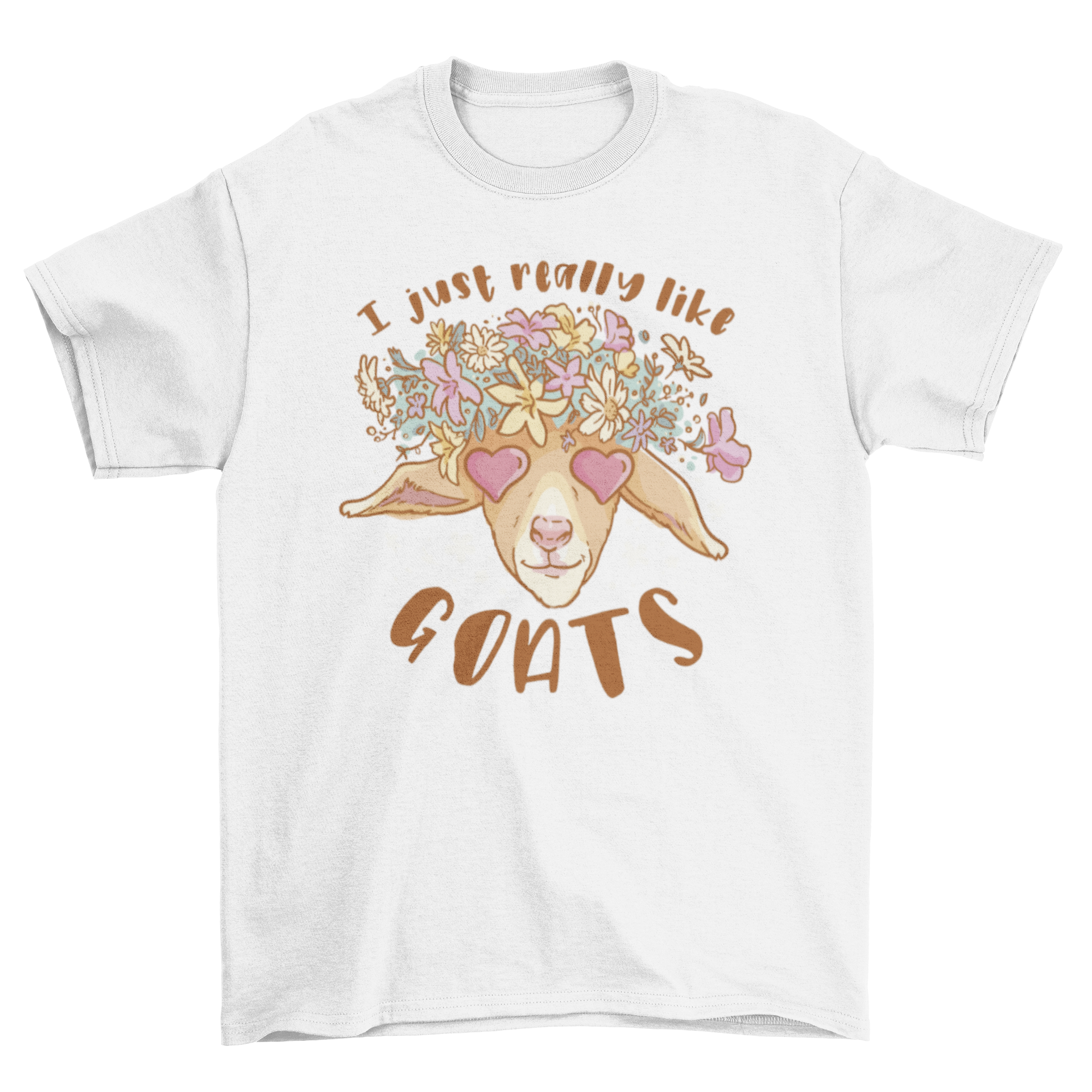 Cute t-shirt featuring a goat's head surrounded by flowers with the quote 'I just really like goats'.