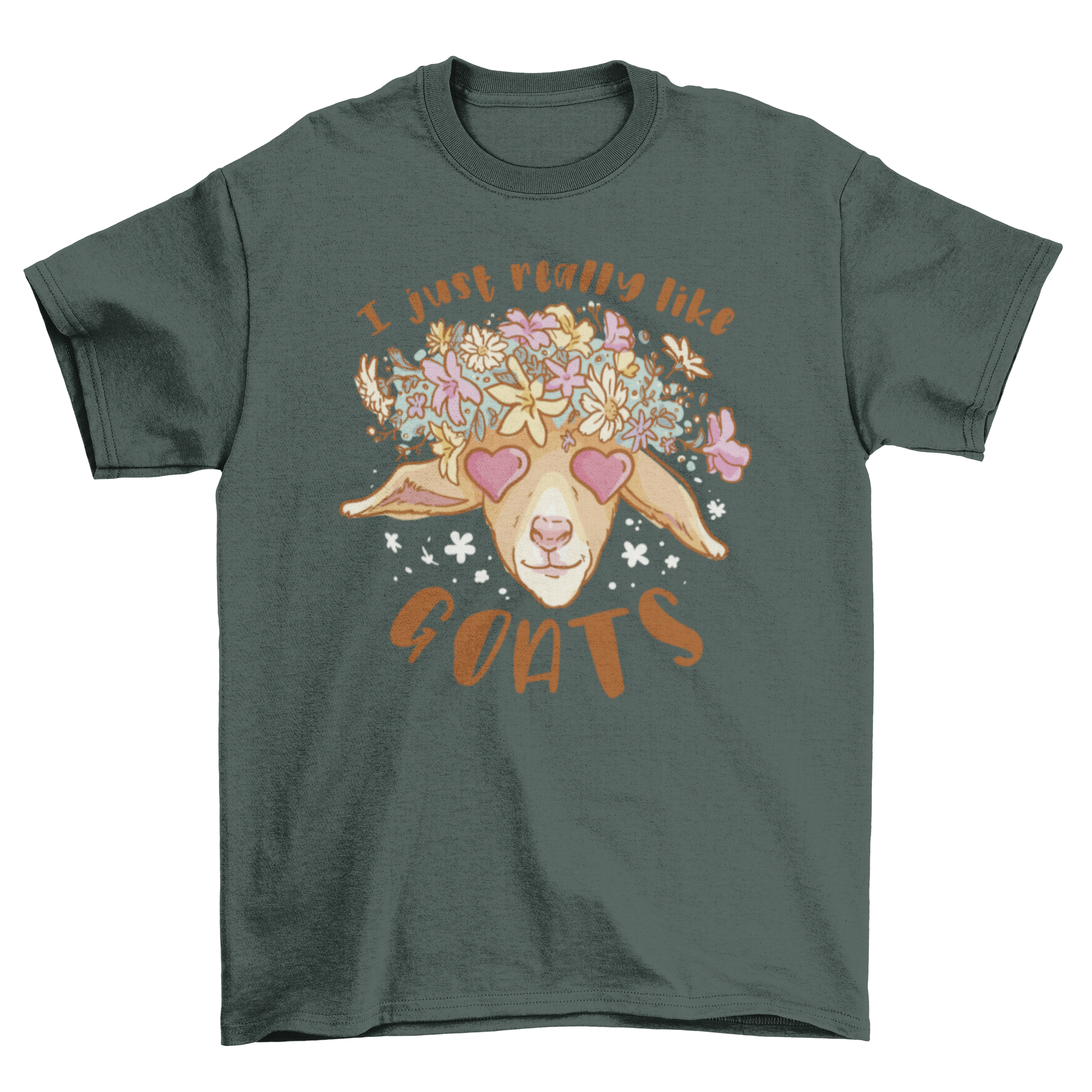 Cute t-shirt featuring a goat's head surrounded by flowers with the quote 'I just really like goats'.