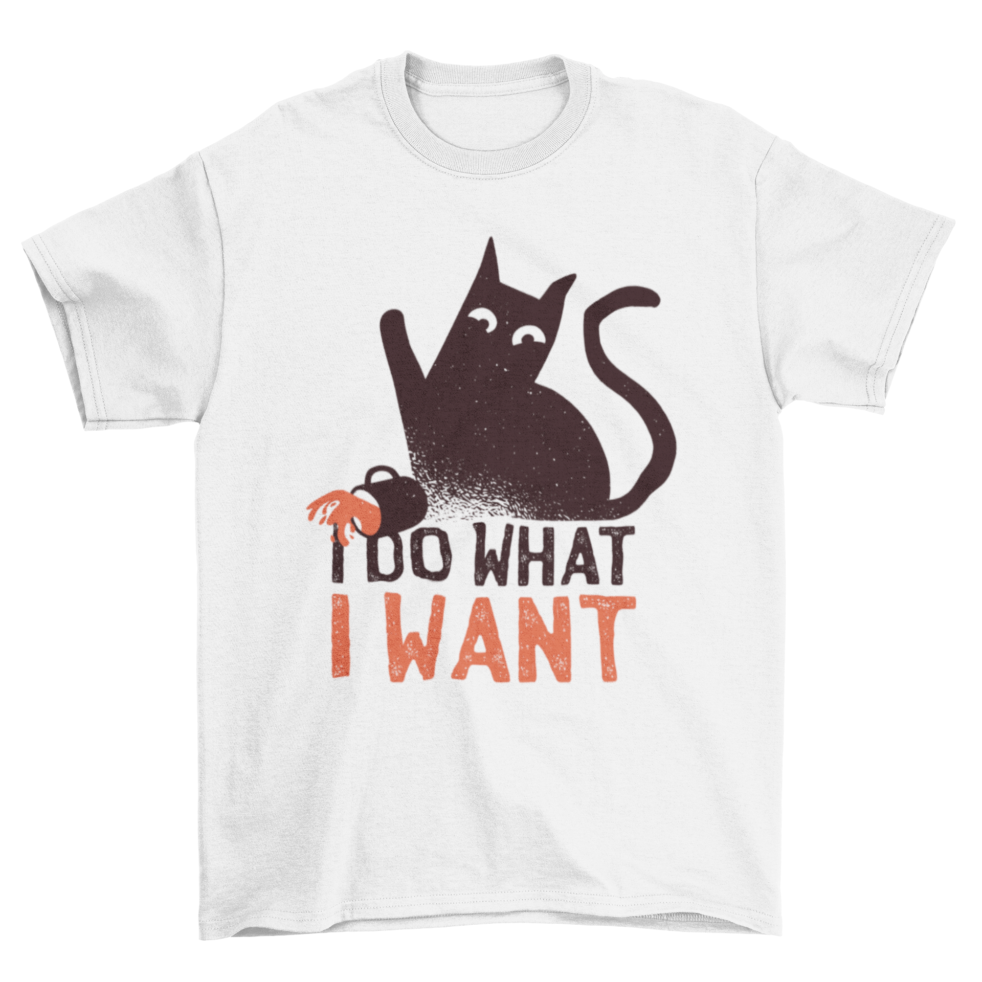 Rebel cat t-shirt featuring a cat spilling coffee with the quote 'I do what I want'.