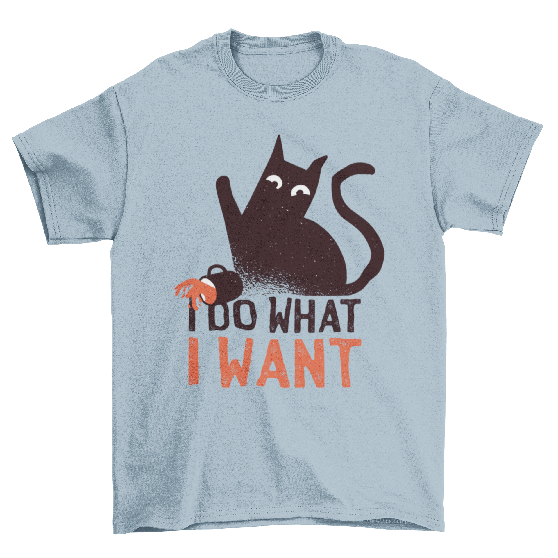 Rebel cat t-shirt featuring a cat spilling coffee with the quote 'I do what I want'.