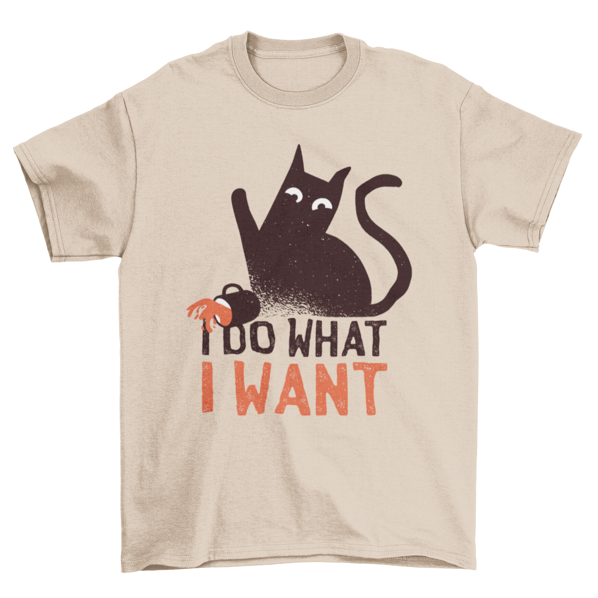 Rebel cat t-shirt featuring a cat spilling coffee with the quote 'I do what I want'.