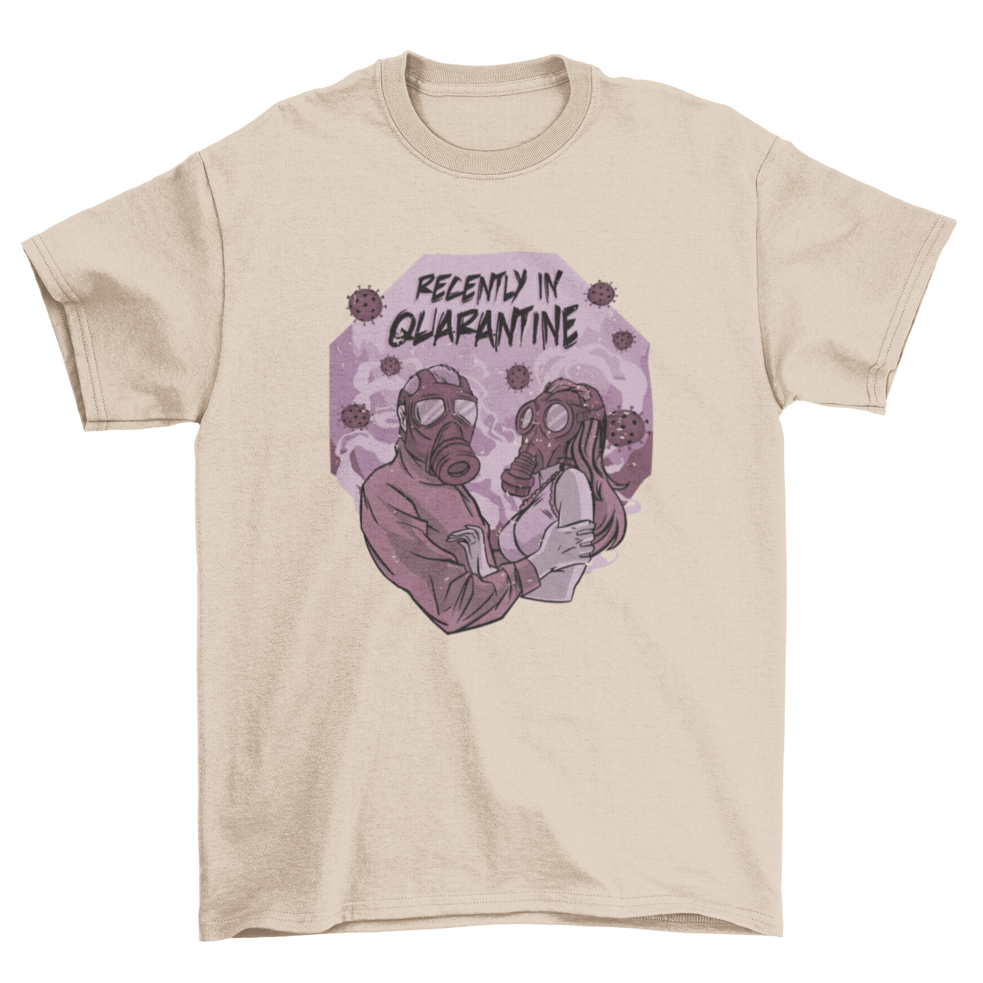 A cute t-shirt featuring a couple holding each other while wearing masks, symbolizing love and safety during quarantine.