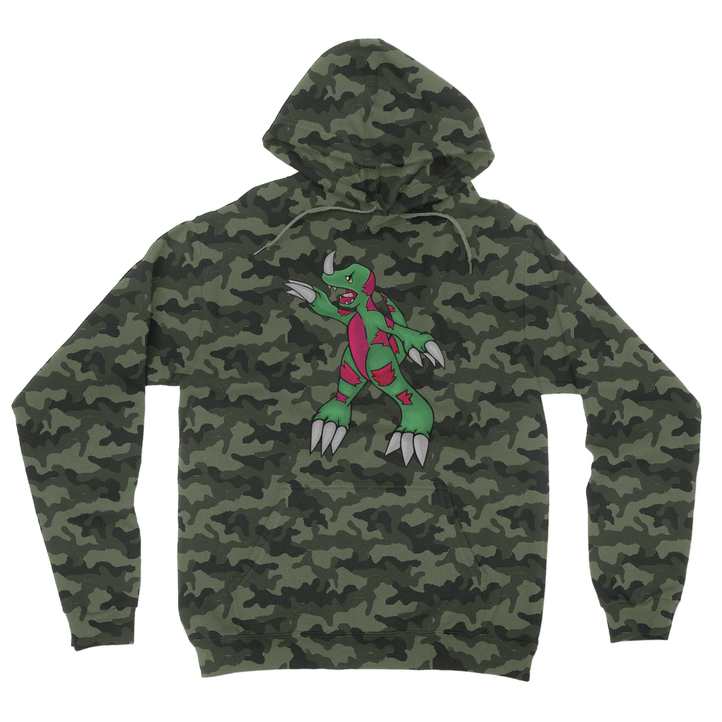 Recgor Camouflage Adult Hoodie featuring an all-over camo design, double fabric hood, and kangaroo pouch pocket.