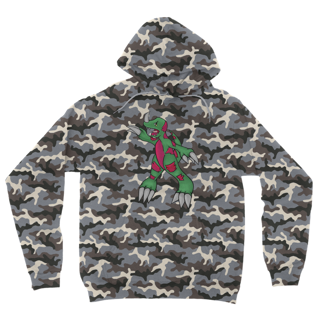 Recgor Camouflage Adult Hoodie featuring an all-over camo design, double fabric hood, and kangaroo pouch pocket.