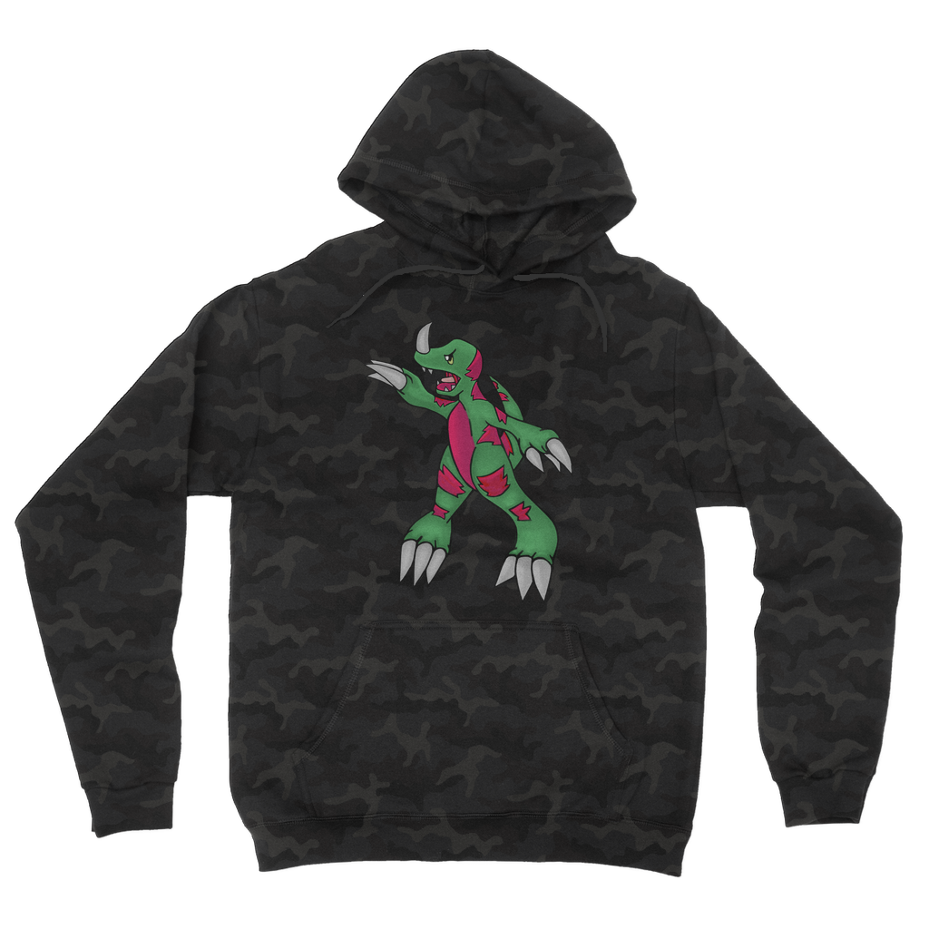 Recgor Camouflage Adult Hoodie featuring an all-over camo design, double fabric hood, and kangaroo pouch pocket.