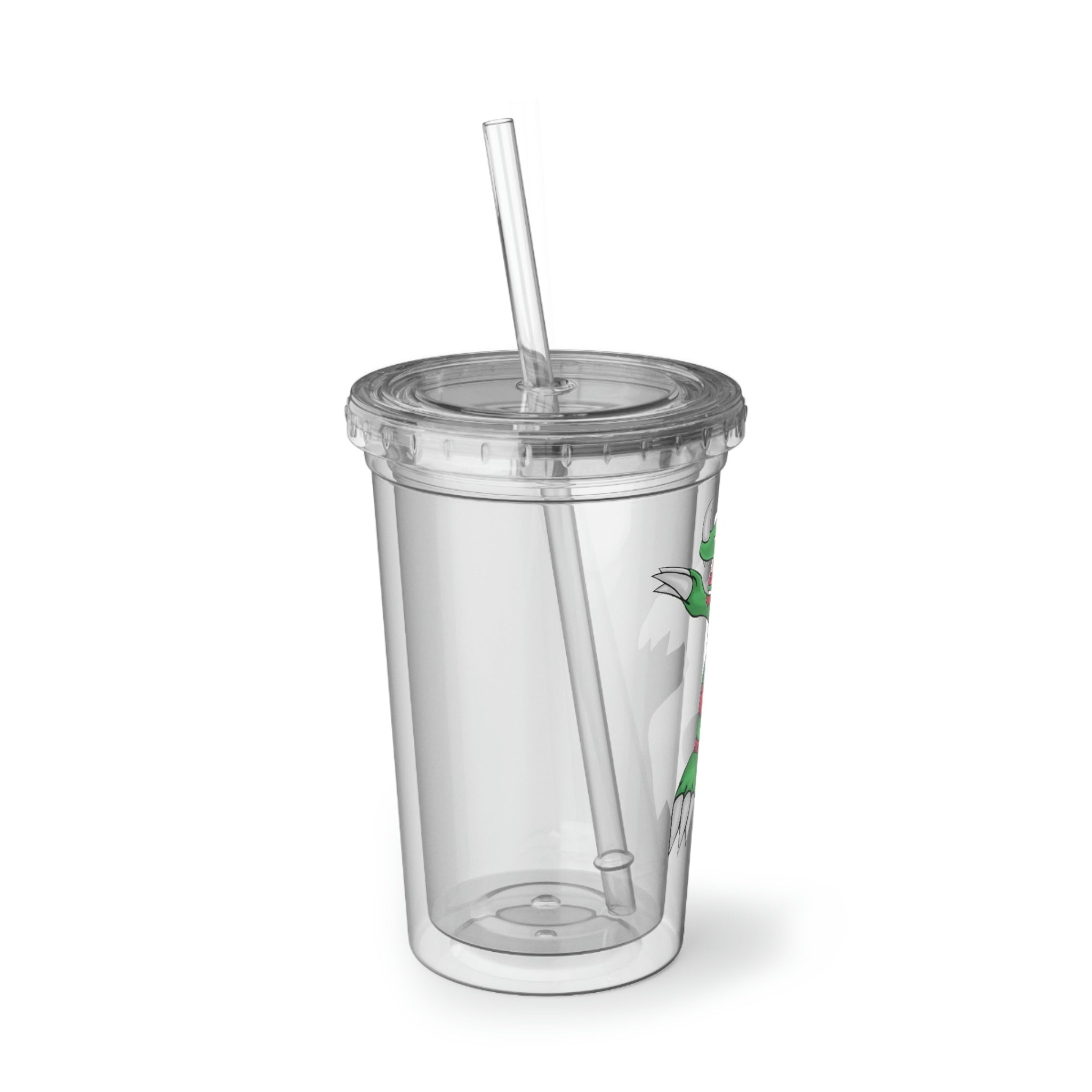 Recgor Suave Acrylic Cup with double-wall insulation, featuring a vibrant customizable design and a plastic lid with a straw.