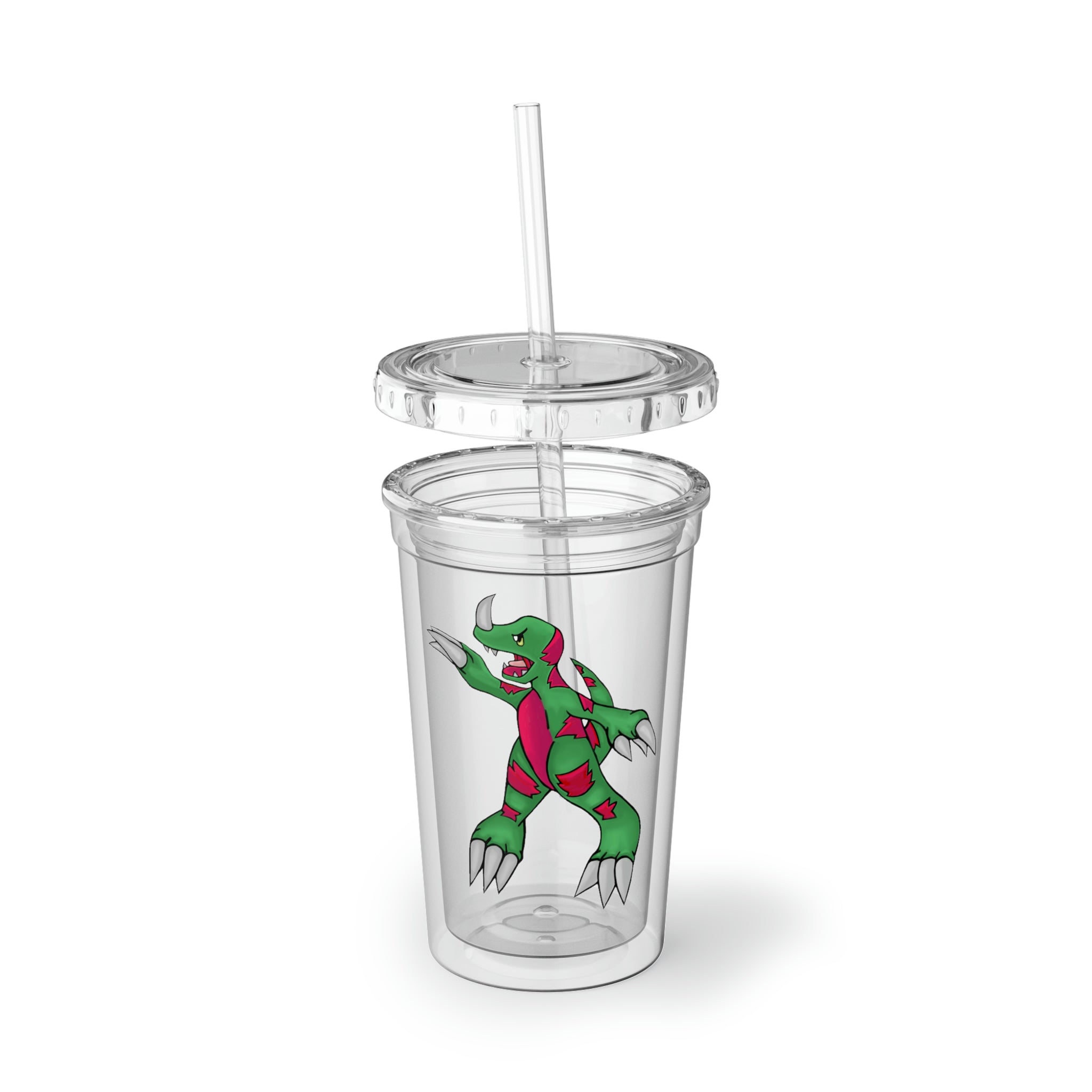 Recgor Suave Acrylic Cup with double-wall insulation, featuring a vibrant customizable design and a plastic lid with a straw.