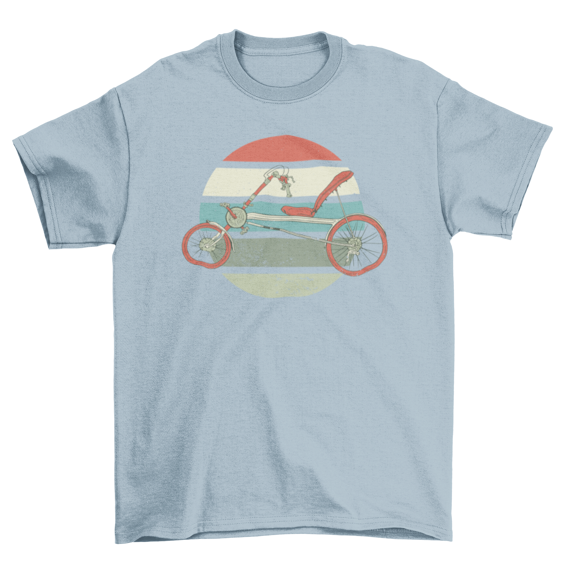 A stylish t-shirt featuring a recumbent bike graphic against a vibrant retro sunset background.