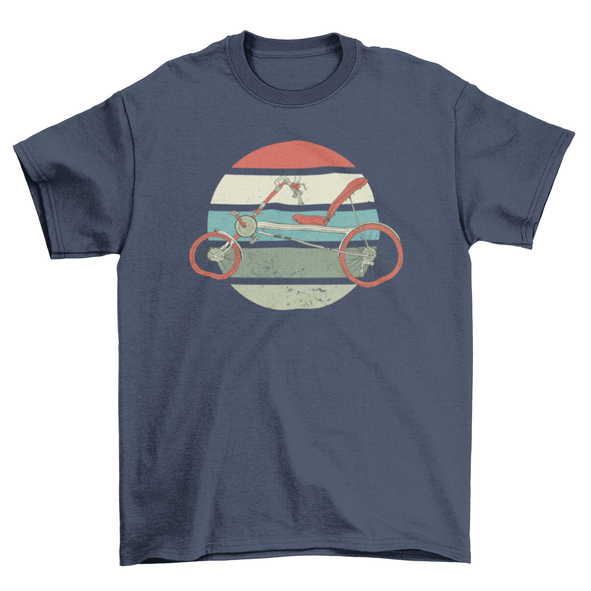 A stylish t-shirt featuring a recumbent bike graphic against a vibrant retro sunset background.