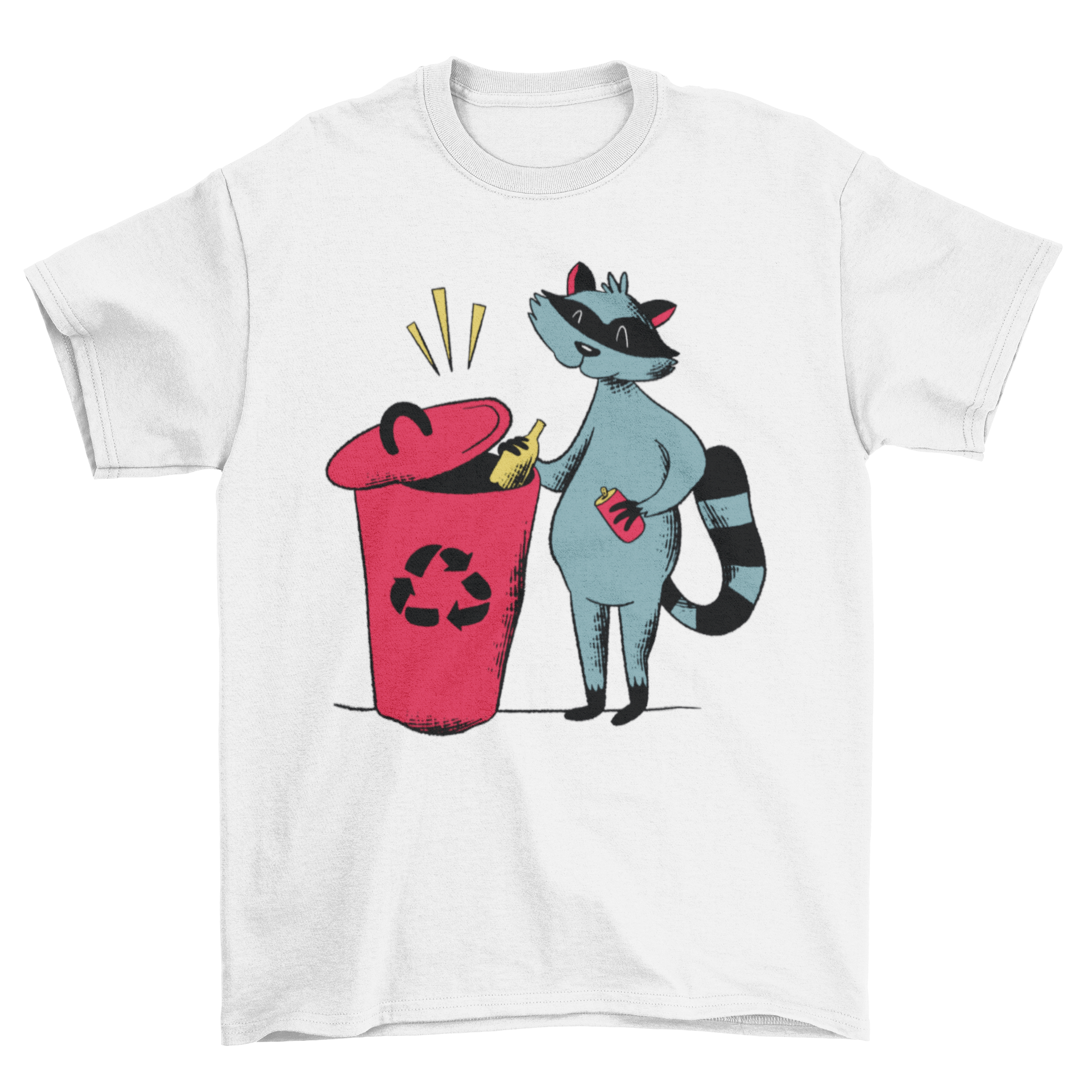 A humorous t-shirt featuring a raccoon recycling, showcasing a fun and eco-friendly design.