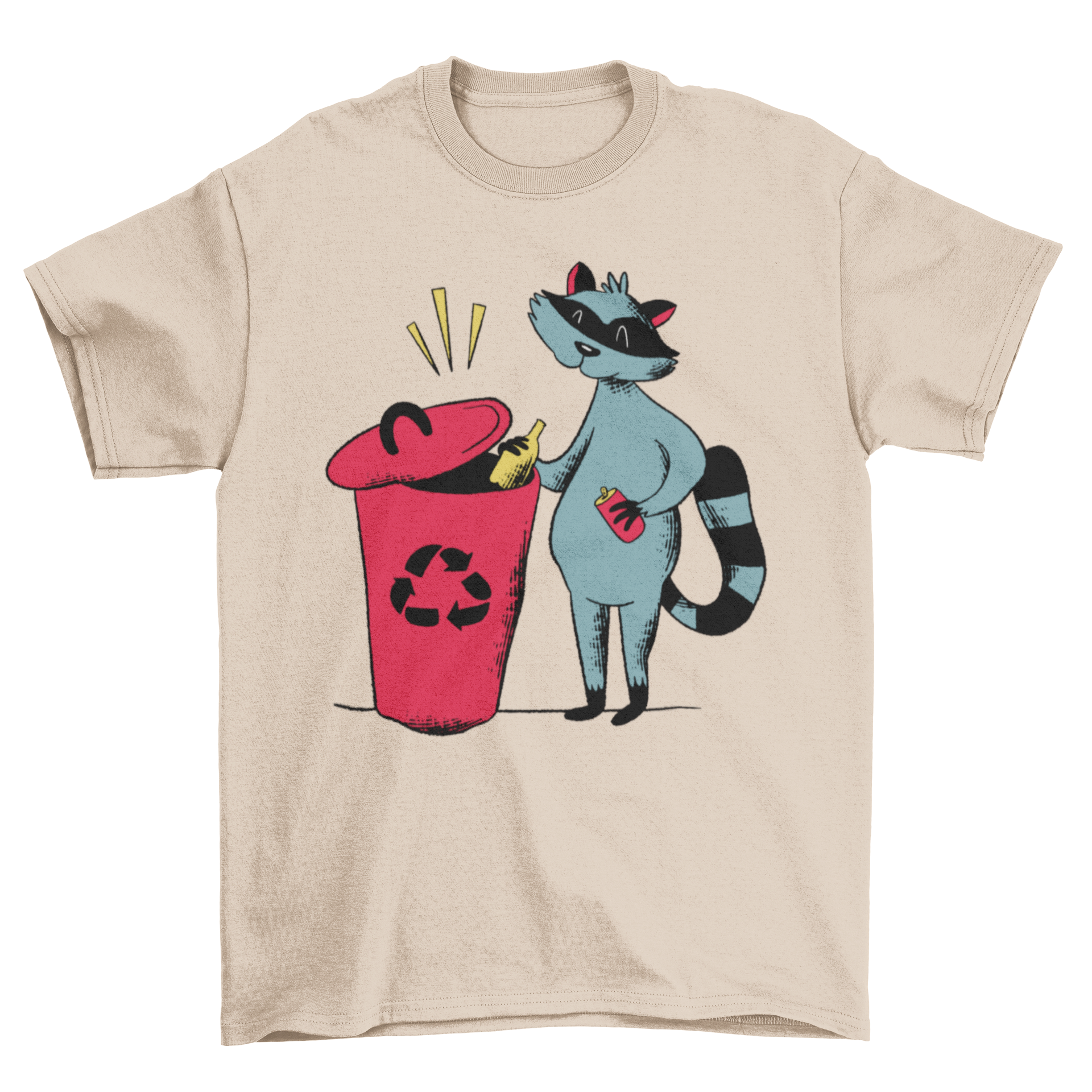 A humorous t-shirt featuring a raccoon recycling, showcasing a fun and eco-friendly design.