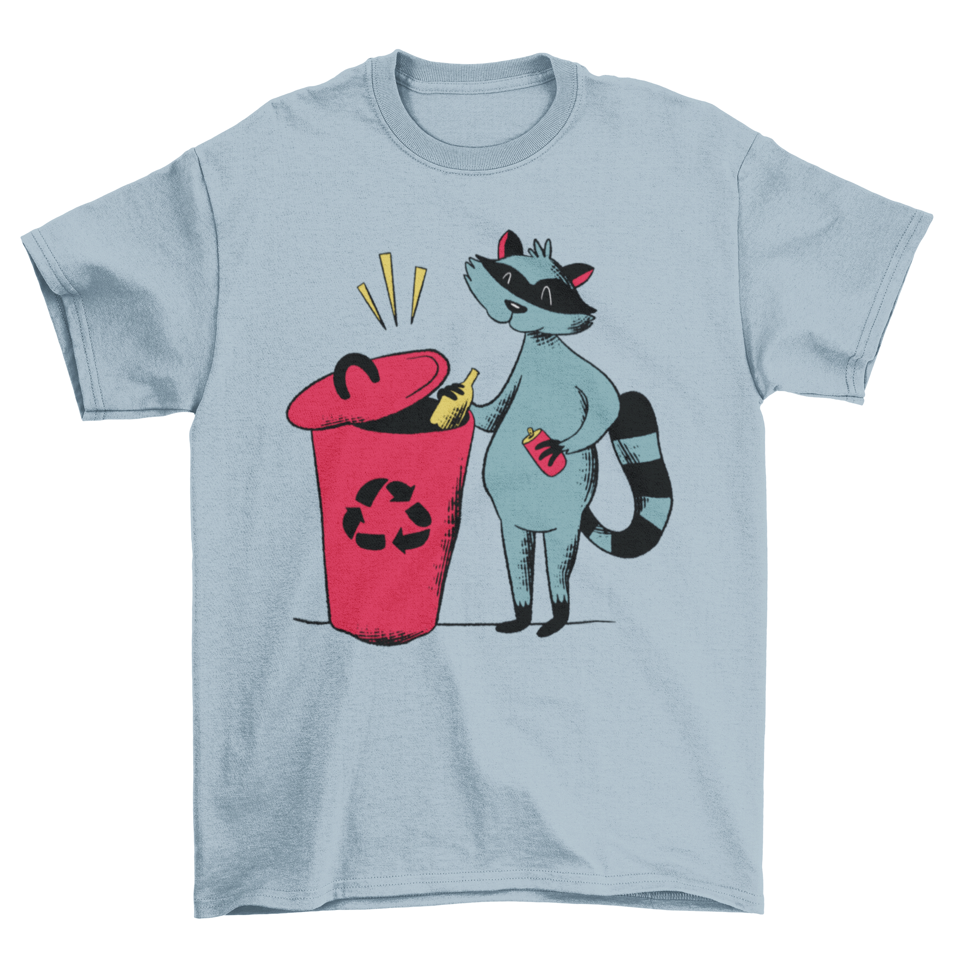 A humorous t-shirt featuring a raccoon recycling, showcasing a fun and eco-friendly design.