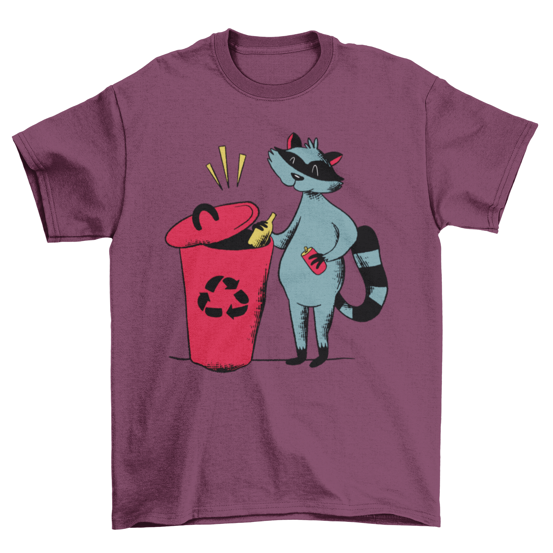 A humorous t-shirt featuring a raccoon recycling, showcasing a fun and eco-friendly design.