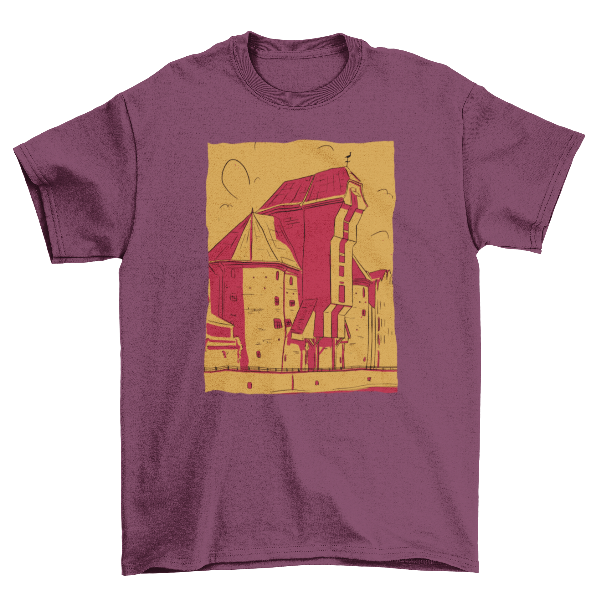 A stylish red and yellow t-shirt featuring a unique building sketch design, perfect for art lovers.