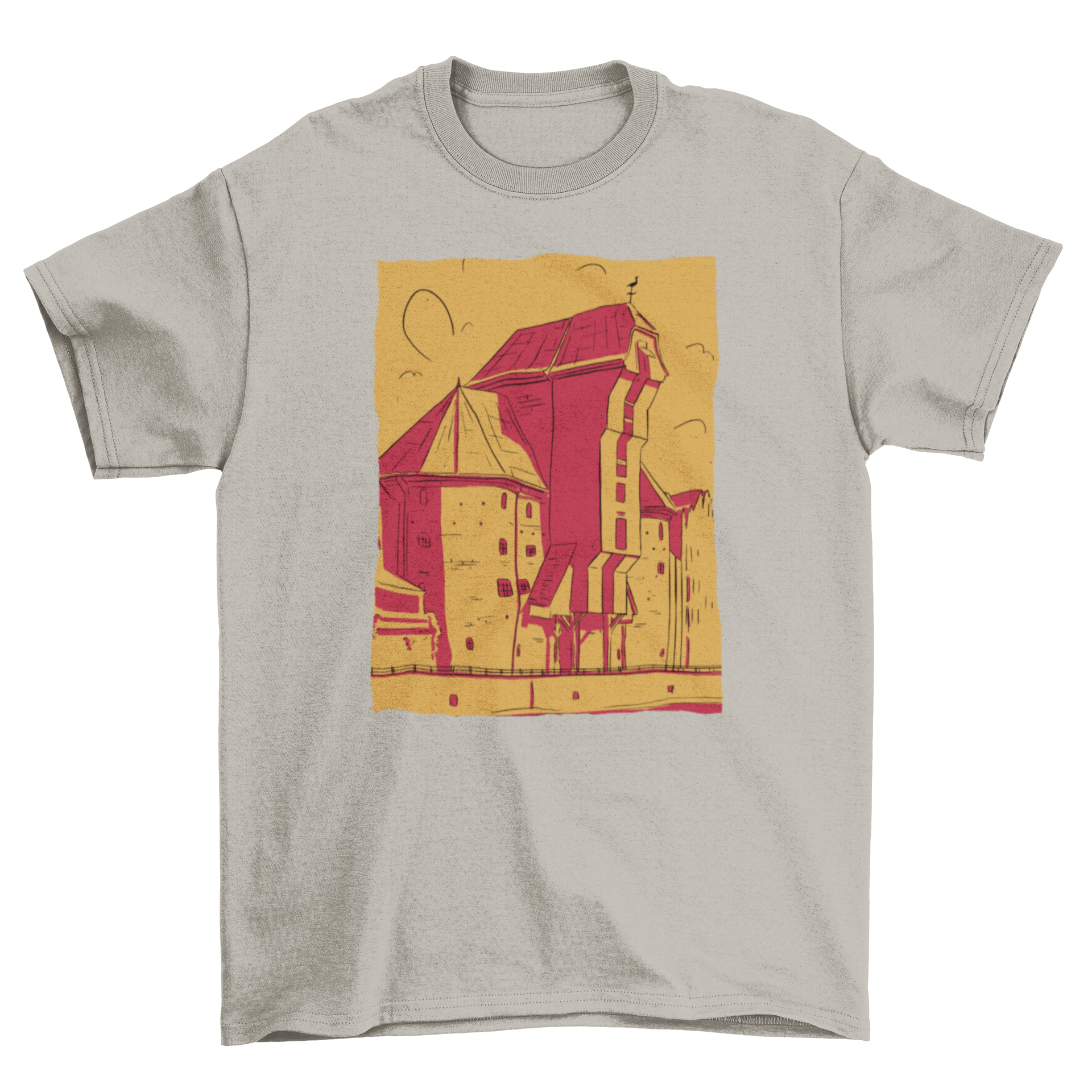 A stylish red and yellow t-shirt featuring a unique building sketch design, perfect for art lovers.