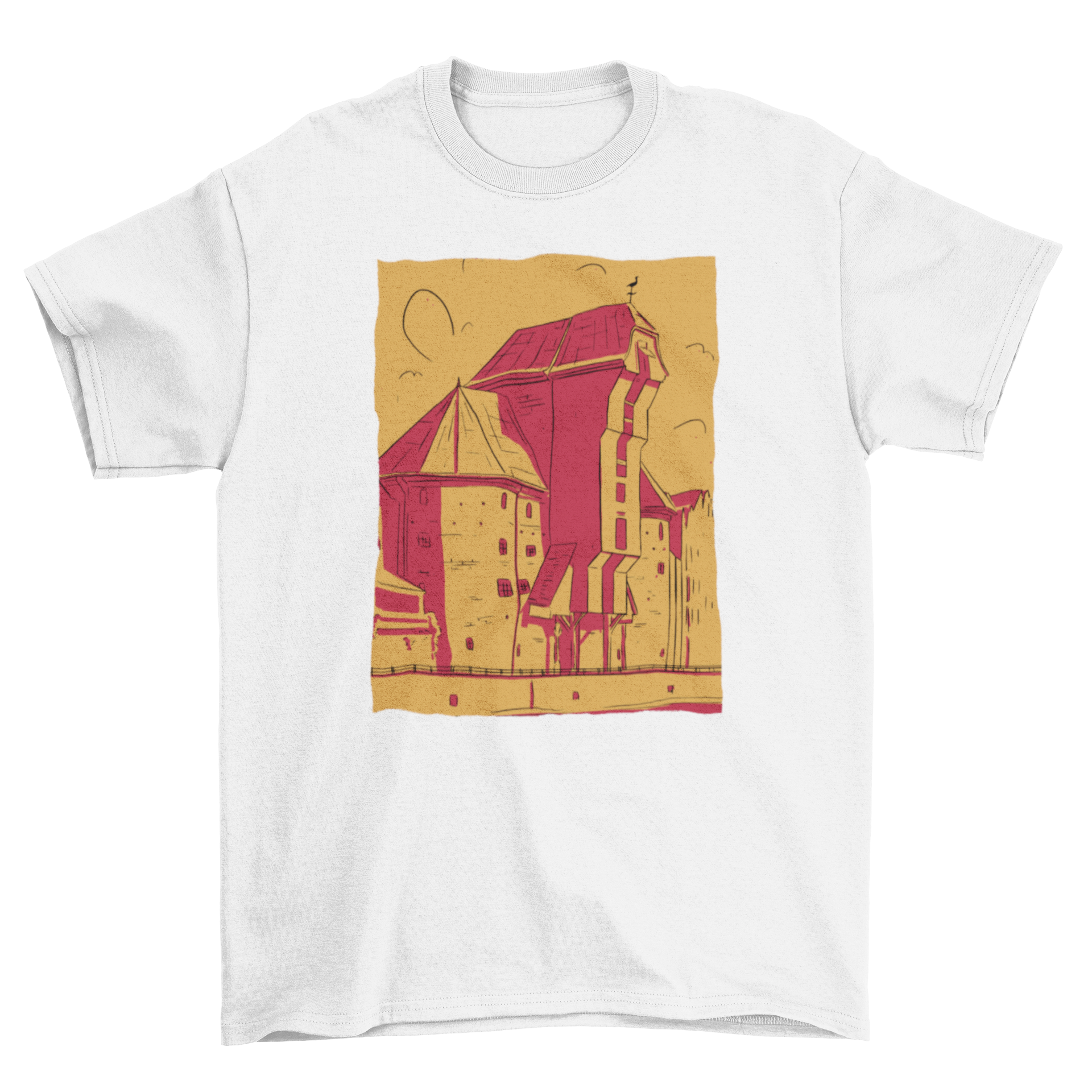 A stylish red and yellow t-shirt featuring a unique building sketch design, perfect for art lovers.