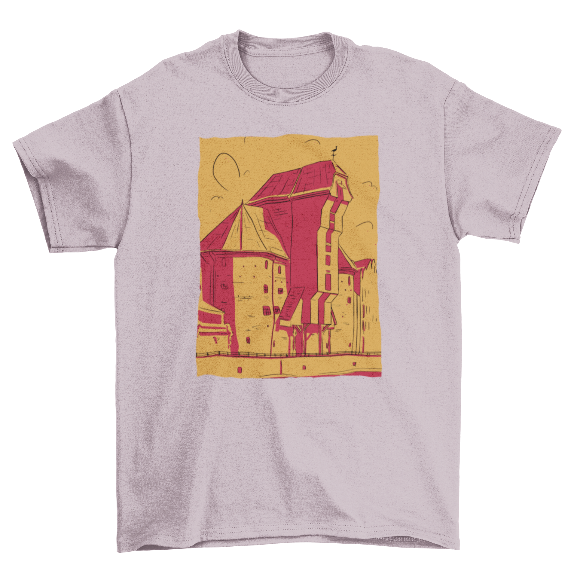 A stylish red and yellow t-shirt featuring a unique building sketch design, perfect for art lovers.