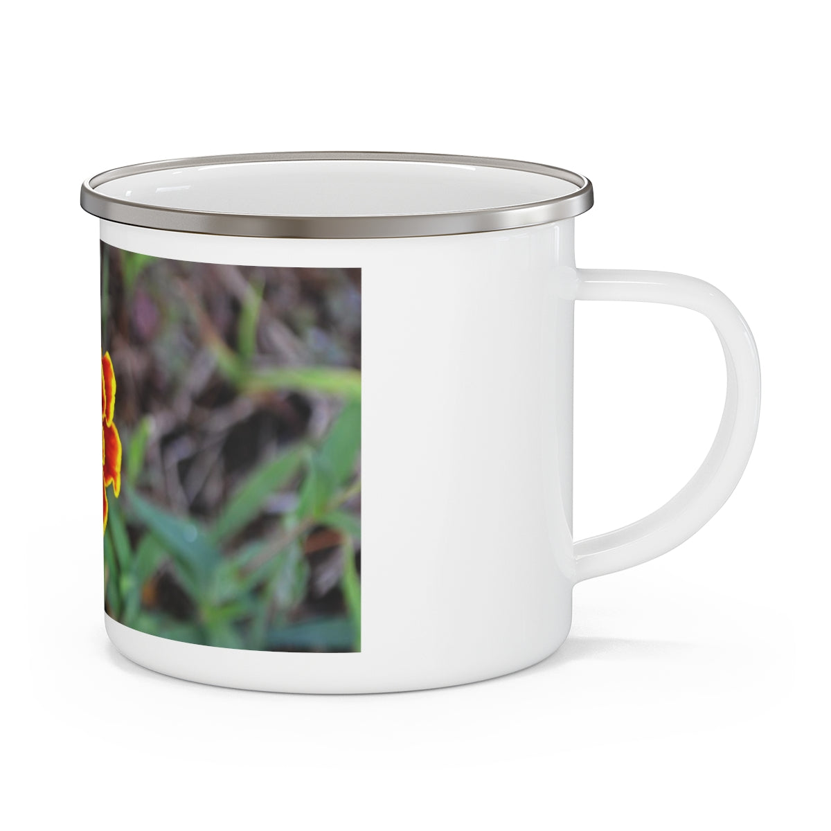 A vibrant red and yellow flower enamel camping mug, showcasing a stylish design perfect for outdoor adventures.