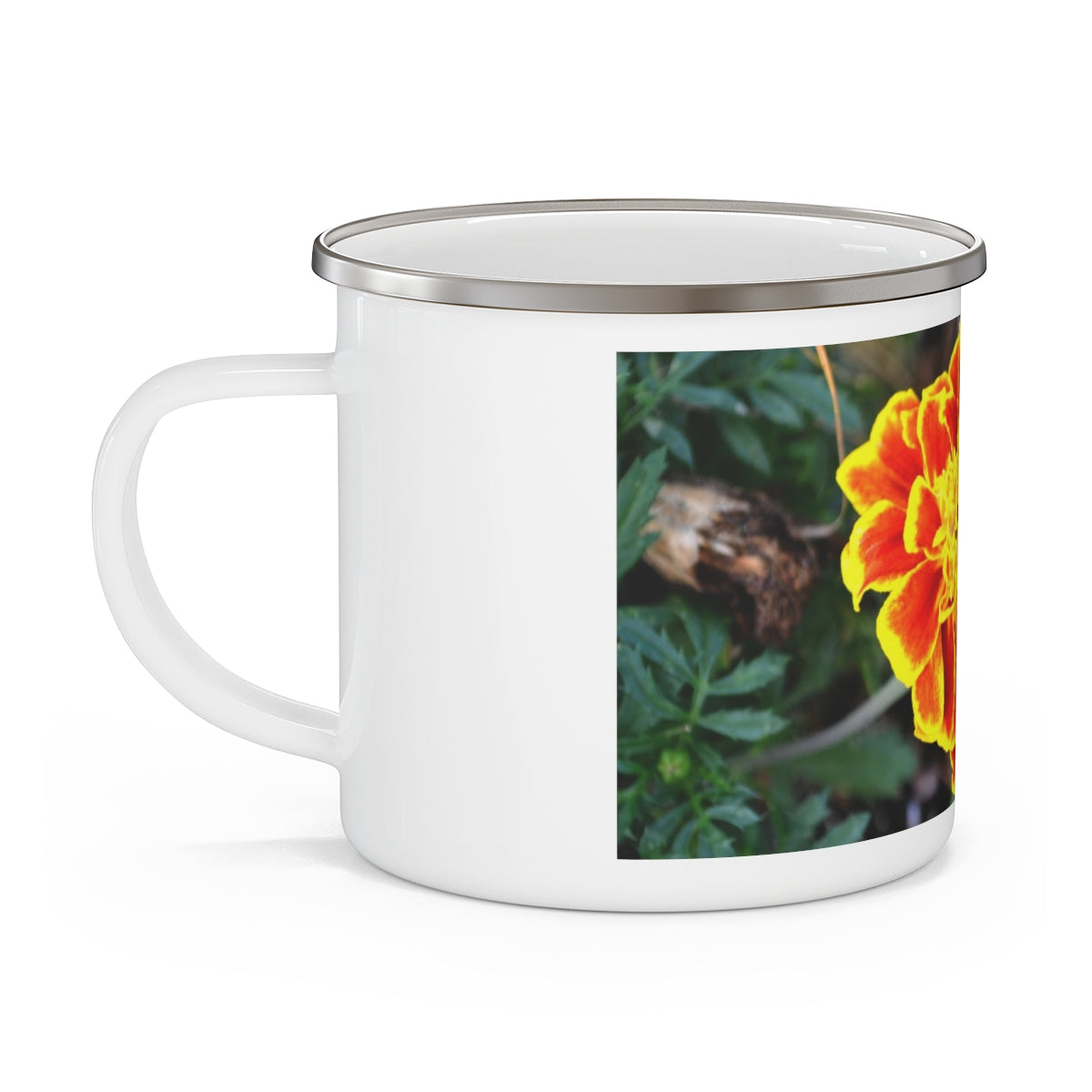 A vibrant red and yellow flower enamel camping mug, showcasing a stylish design perfect for outdoor adventures.