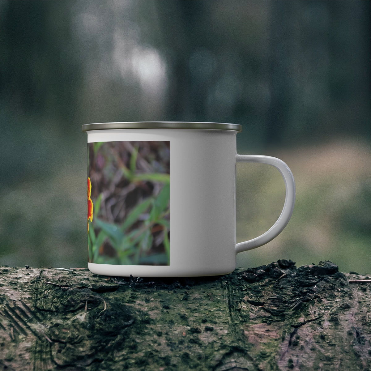 A vibrant red and yellow flower enamel camping mug, showcasing a stylish design perfect for outdoor adventures.