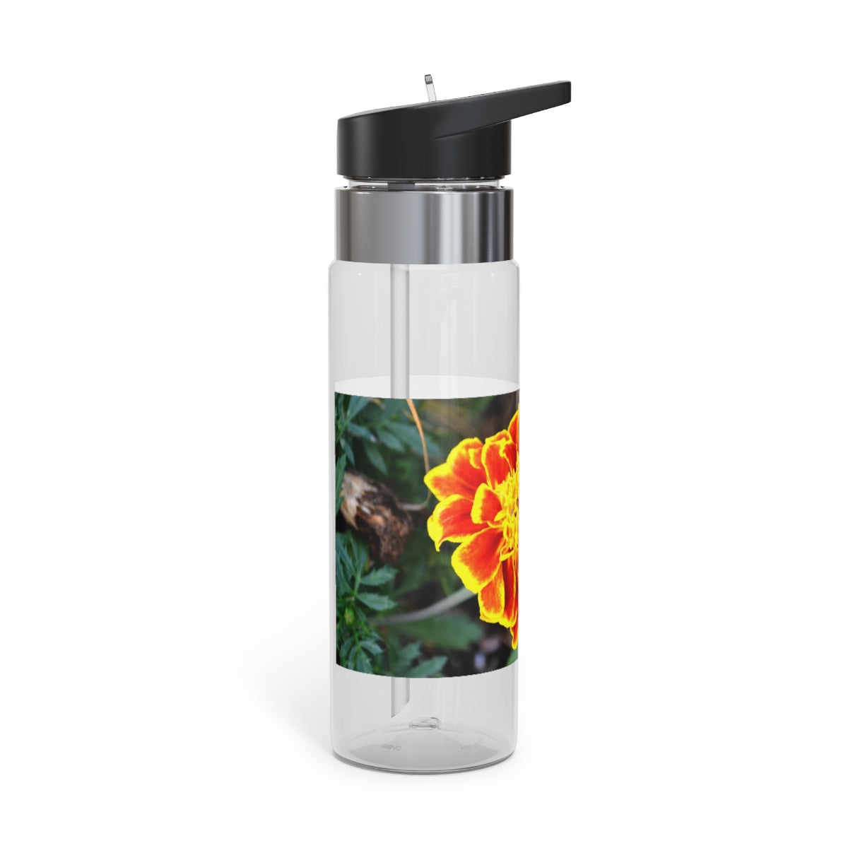 Red and yellow flower design Tritan sport bottle with a carabiner hook and straw lid, perfect for hydration on the go.