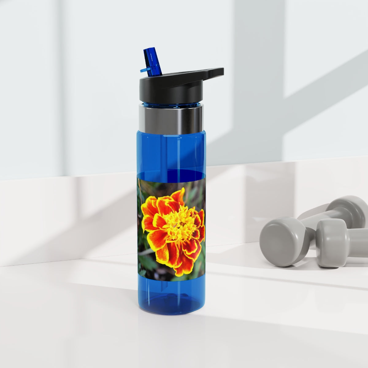 Red and yellow flower design Tritan sport bottle with a carabiner hook and straw lid, perfect for hydration on the go.