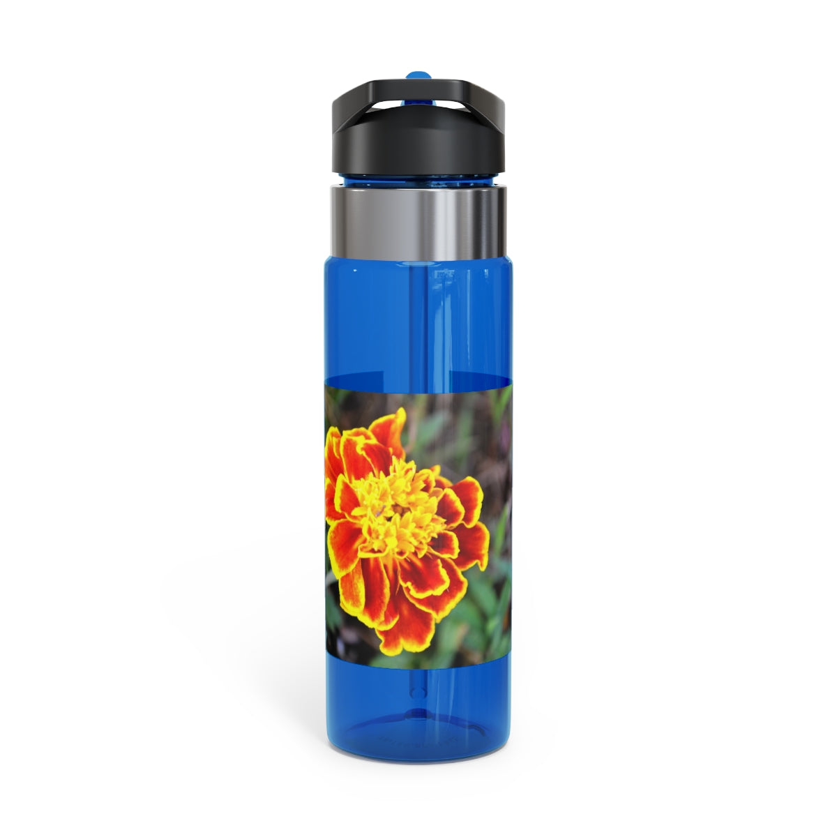 Red and yellow flower design Tritan sport bottle with a carabiner hook and straw lid, perfect for hydration on the go.