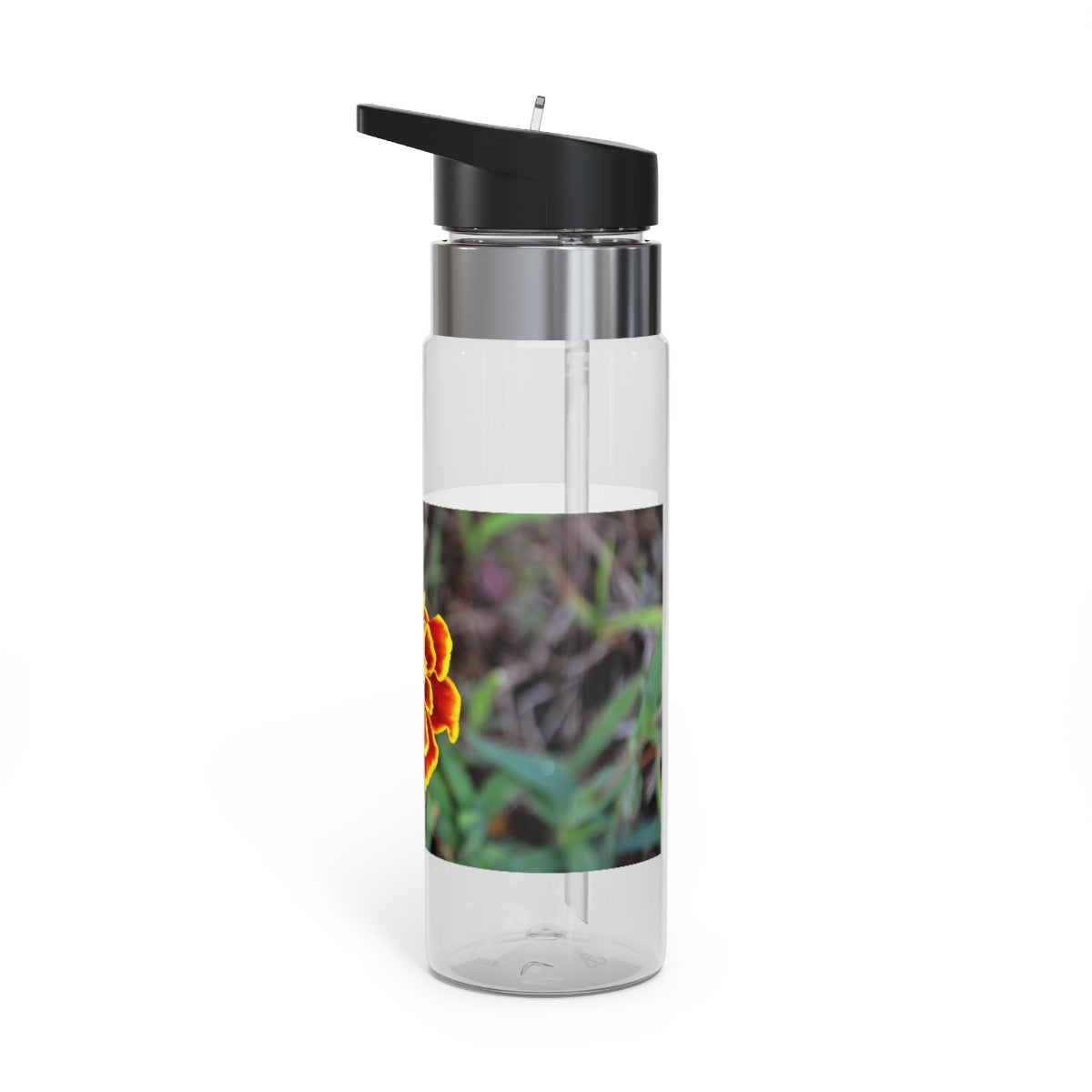 Red and yellow flower design Tritan sport bottle with a carabiner hook and straw lid, perfect for hydration on the go.