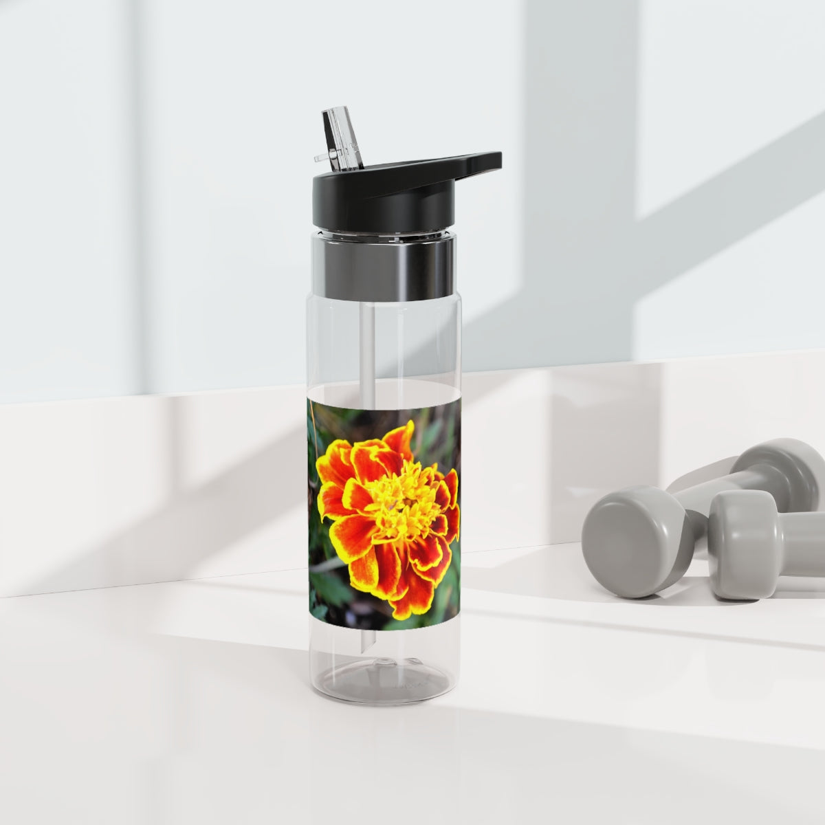 Red and yellow flower design Tritan sport bottle with a carabiner hook and straw lid, perfect for hydration on the go.