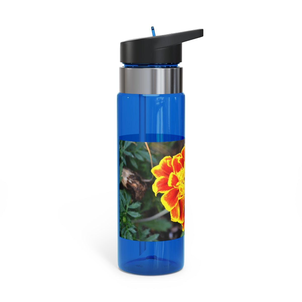 Red and yellow flower design Tritan sport bottle with a carabiner hook and straw lid, perfect for hydration on the go.