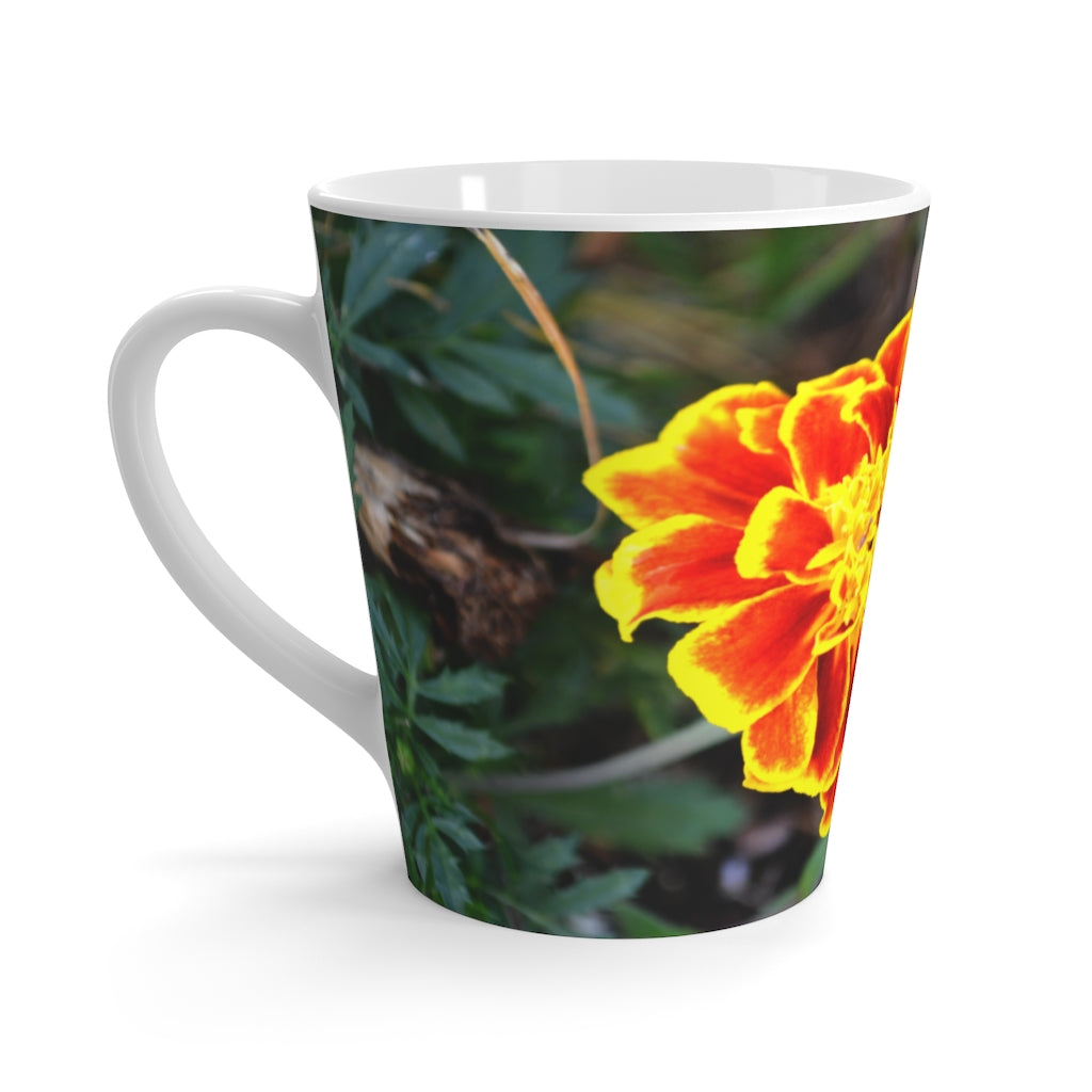 A vibrant red and yellow flower latte mug with a C-handle, showcasing a beautiful floral design on durable ceramic.