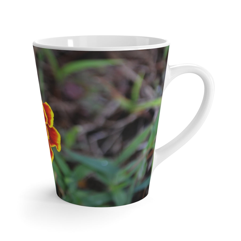 A vibrant red and yellow flower latte mug with a C-handle, showcasing a beautiful floral design on durable ceramic.