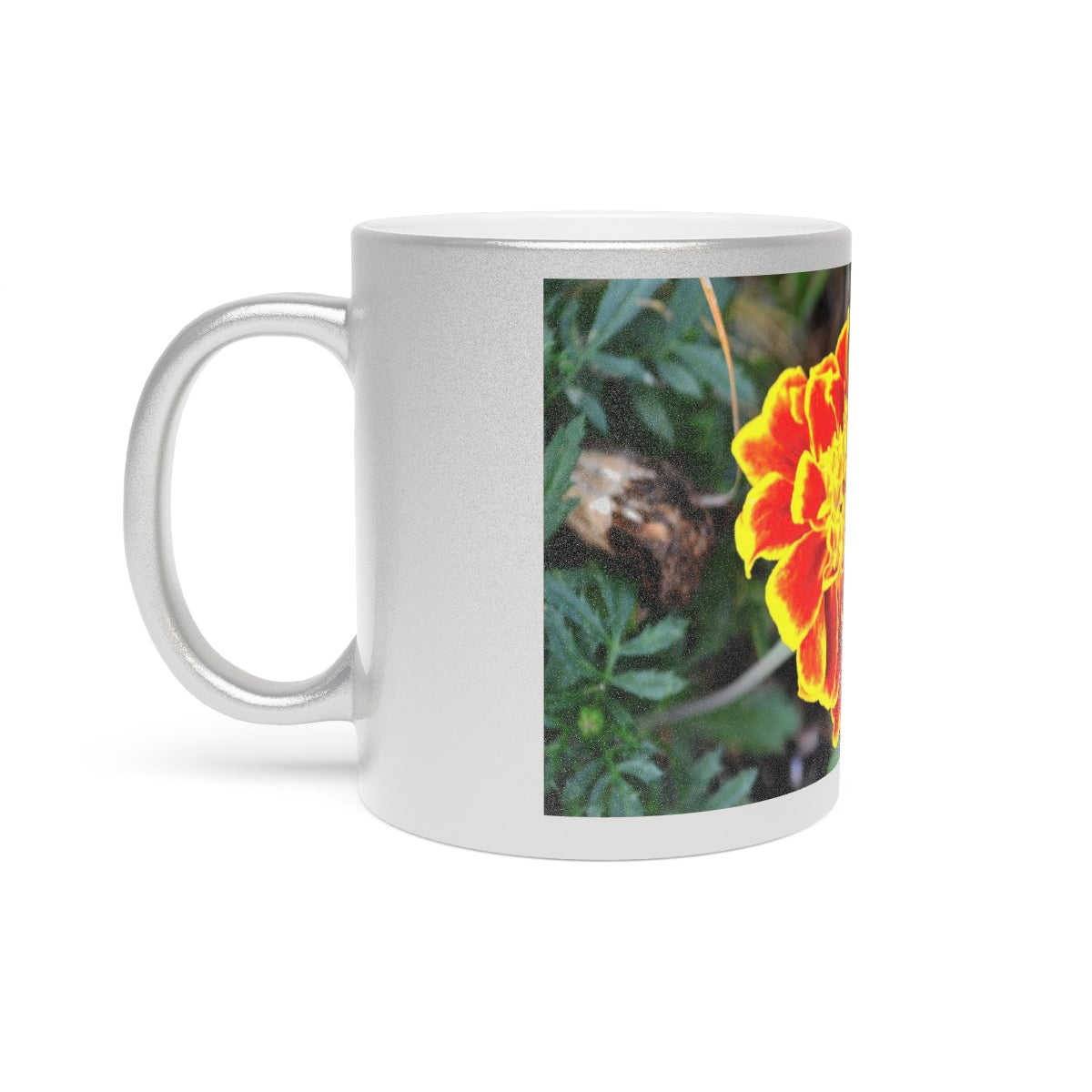 A stylish Red and Yellow Flower Metallic Mug with Gold or Silver coating, showcasing a vibrant floral design.