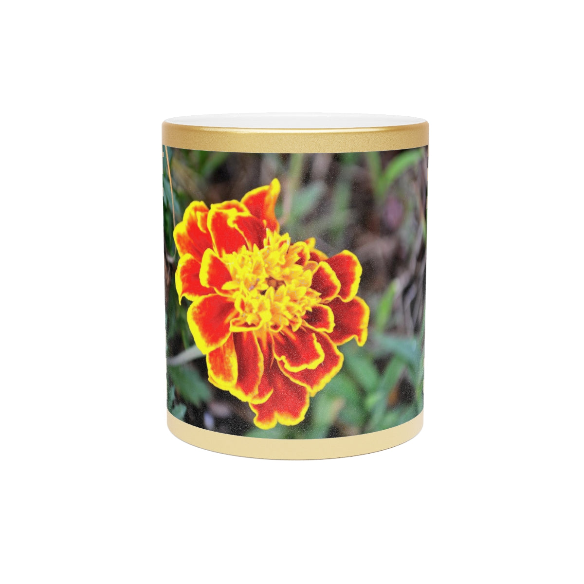 A stylish Red and Yellow Flower Metallic Mug with Gold or Silver coating, showcasing a vibrant floral design.