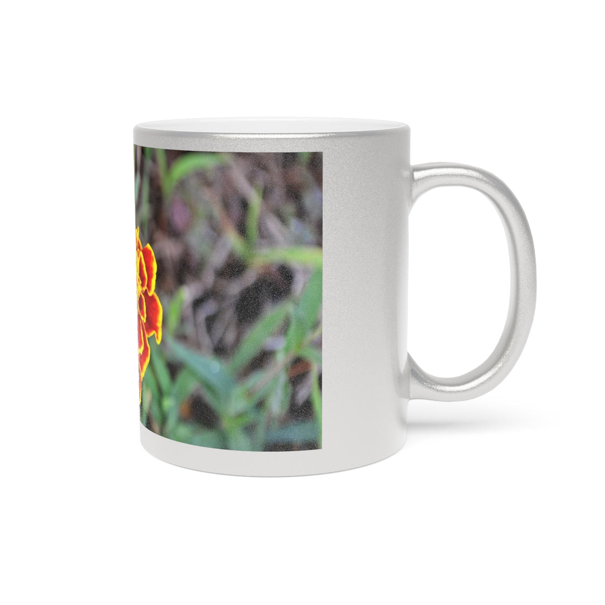 A stylish Red and Yellow Flower Metallic Mug with Gold or Silver coating, showcasing a vibrant floral design.