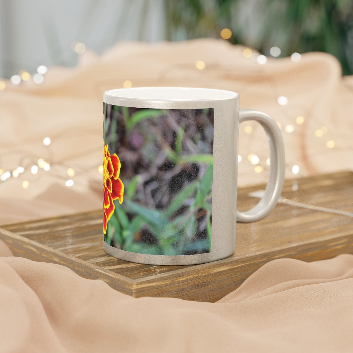 A stylish Red and Yellow Flower Metallic Mug with Gold or Silver coating, showcasing a vibrant floral design.