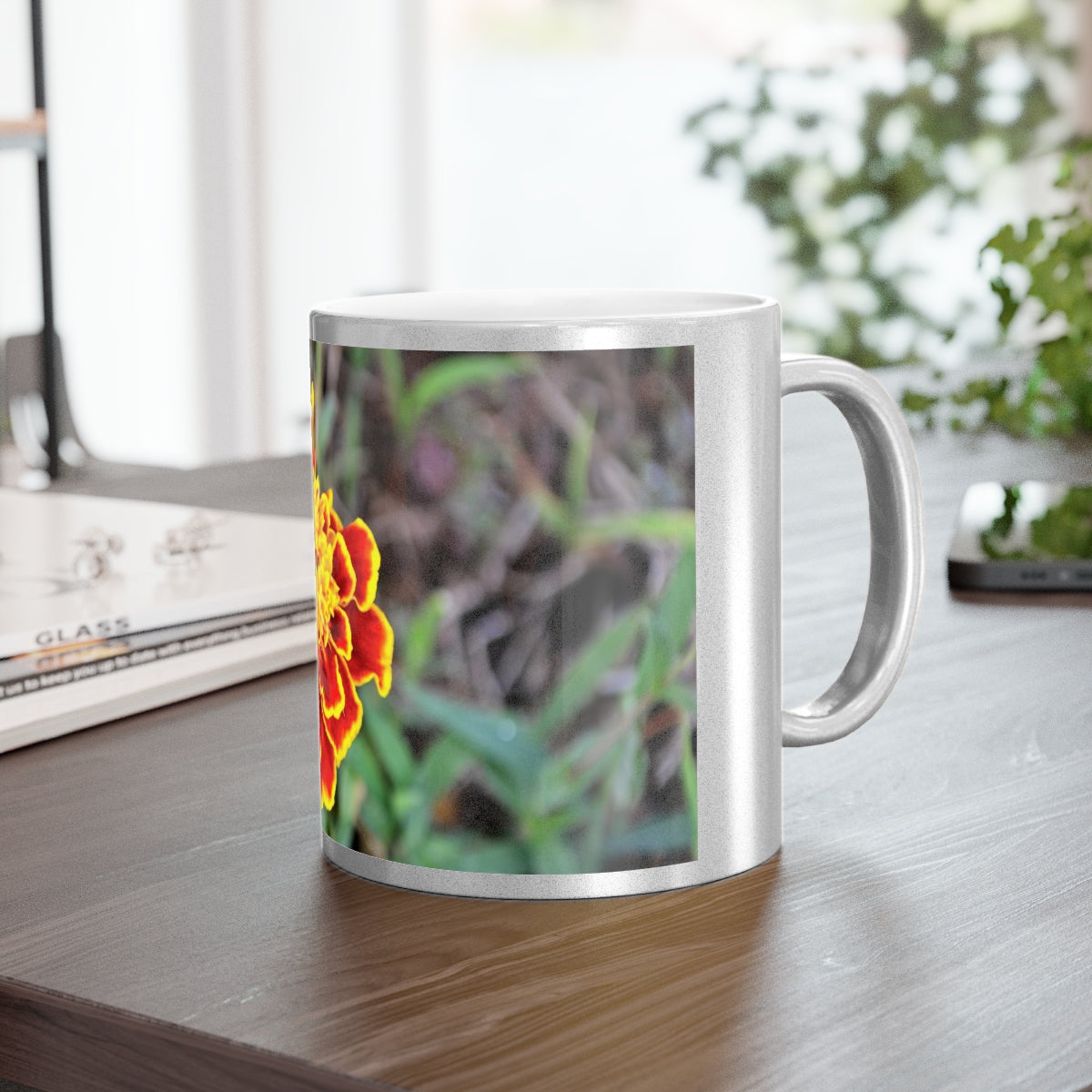 A stylish Red and Yellow Flower Metallic Mug with Gold or Silver coating, showcasing a vibrant floral design.