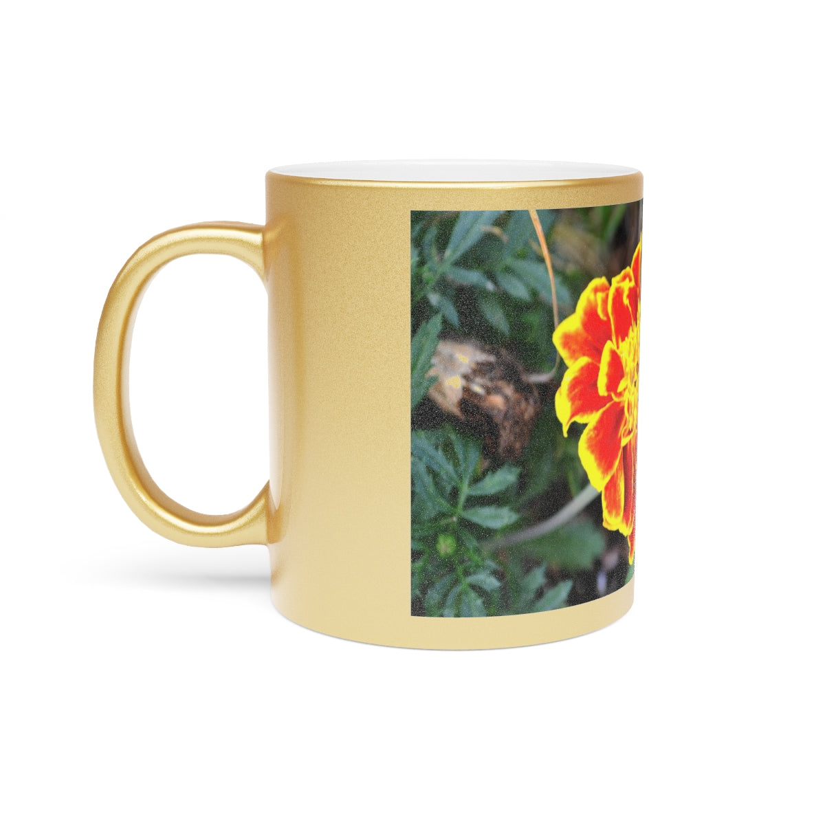 A stylish Red and Yellow Flower Metallic Mug with Gold or Silver coating, showcasing a vibrant floral design.