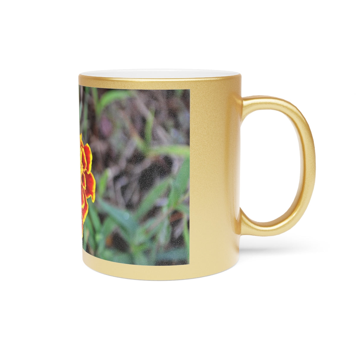 A stylish Red and Yellow Flower Metallic Mug with Gold or Silver coating, showcasing a vibrant floral design.