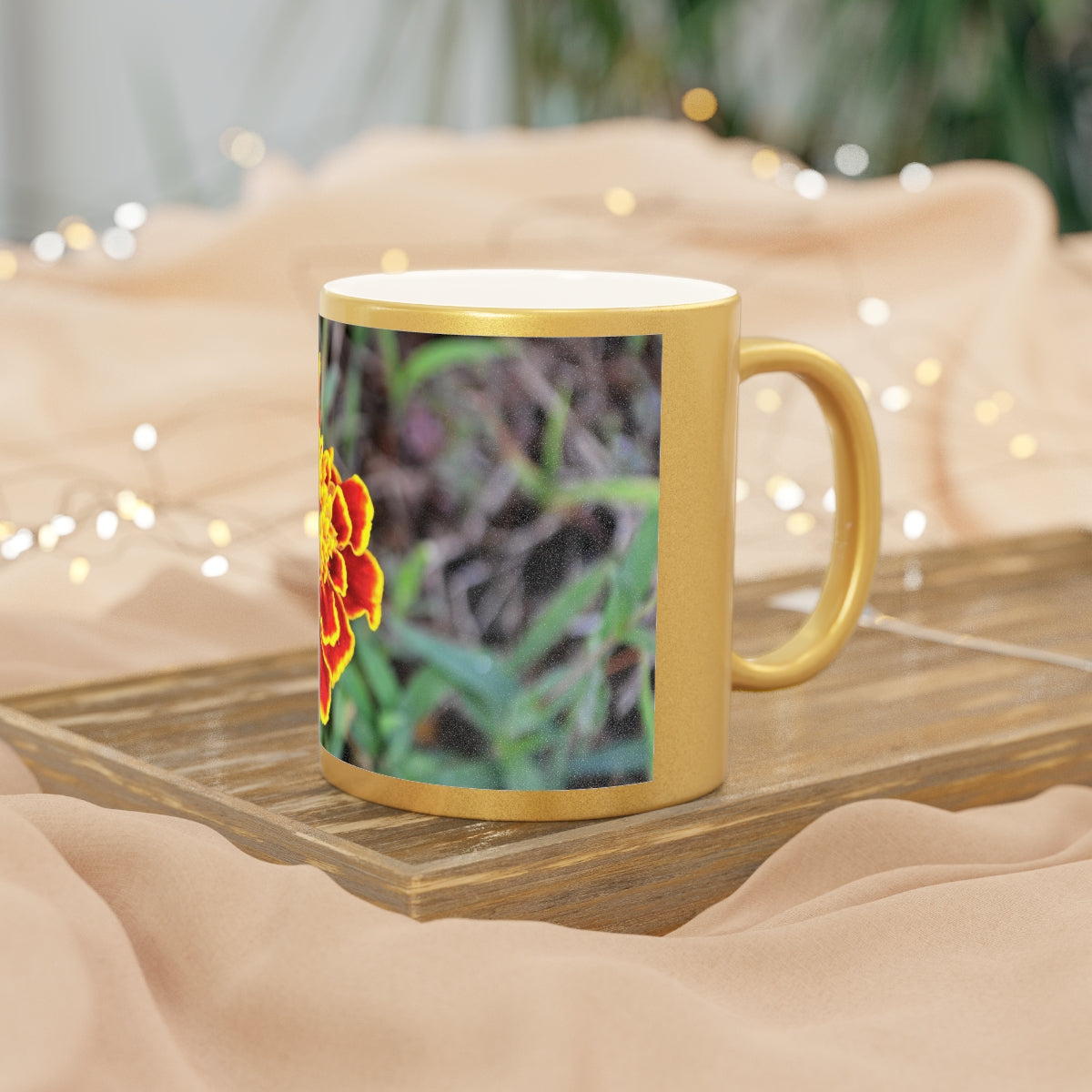 A stylish Red and Yellow Flower Metallic Mug with Gold or Silver coating, showcasing a vibrant floral design.