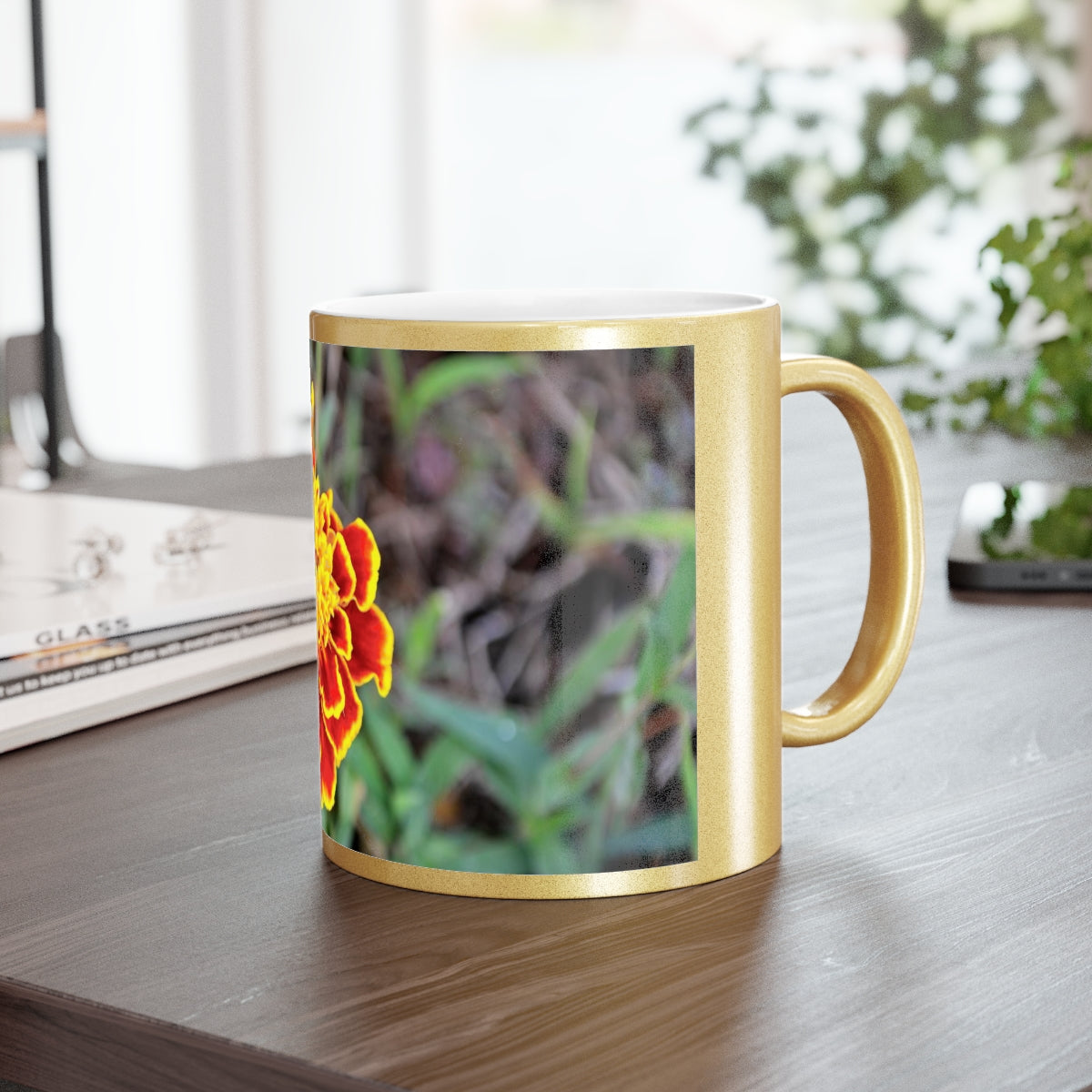 A stylish Red and Yellow Flower Metallic Mug with Gold or Silver coating, showcasing a vibrant floral design.