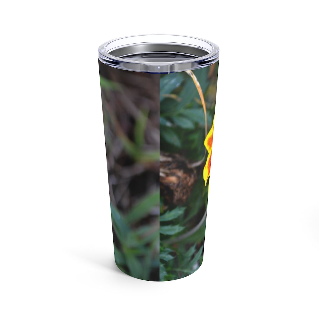 A vibrant red and yellow flower tumbler, 20oz stainless steel with a see-thru plastic lid, perfect for travel and everyday use.