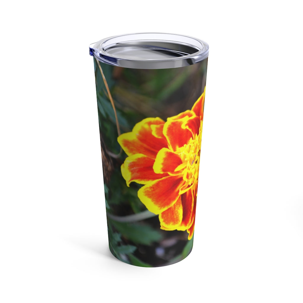 A vibrant red and yellow flower tumbler, 20oz stainless steel with a see-thru plastic lid, perfect for travel and everyday use.