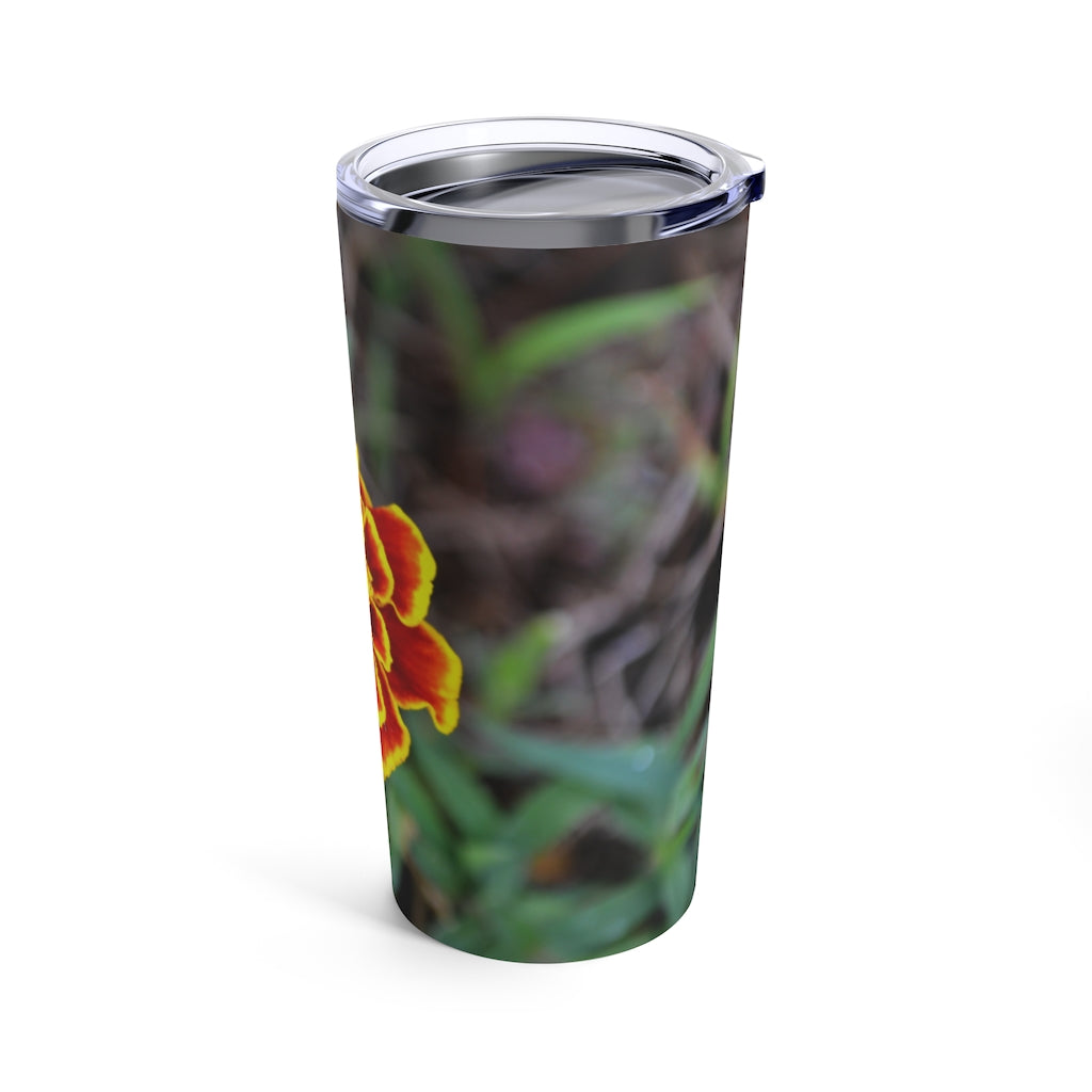 A vibrant red and yellow flower tumbler, 20oz stainless steel with a see-thru plastic lid, perfect for travel and everyday use.