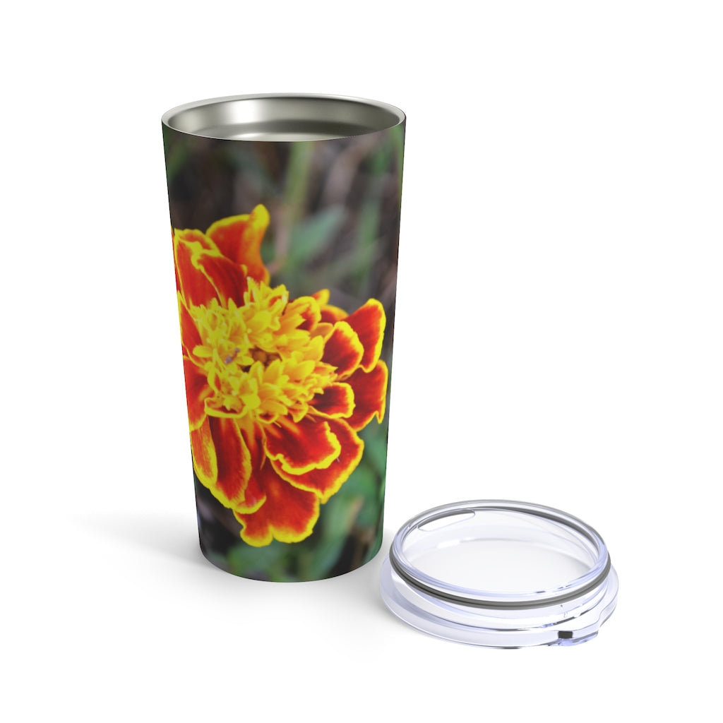 A vibrant red and yellow flower tumbler, 20oz stainless steel with a see-thru plastic lid, perfect for travel and everyday use.