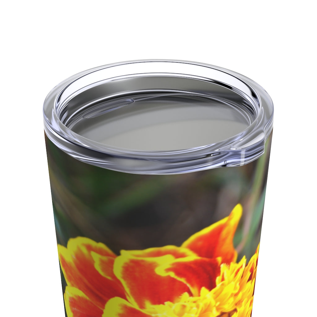 A vibrant red and yellow flower tumbler, 20oz stainless steel with a see-thru plastic lid, perfect for travel and everyday use.