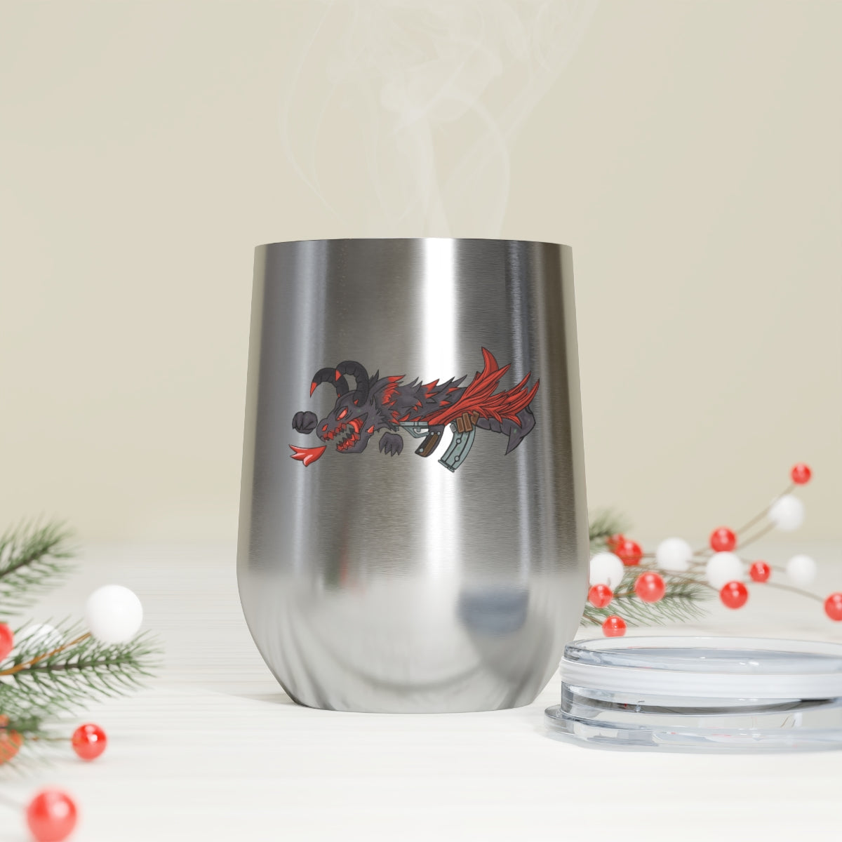 Red Black Dragon Gun 12oz Insulated Wine Tumbler with clear lid, showcasing stylish design and stainless steel construction.