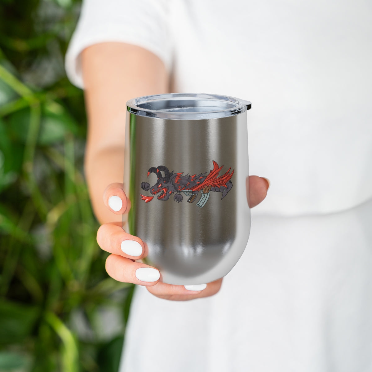 Red Black Dragon Gun 12oz Insulated Wine Tumbler with clear lid, showcasing stylish design and stainless steel construction.