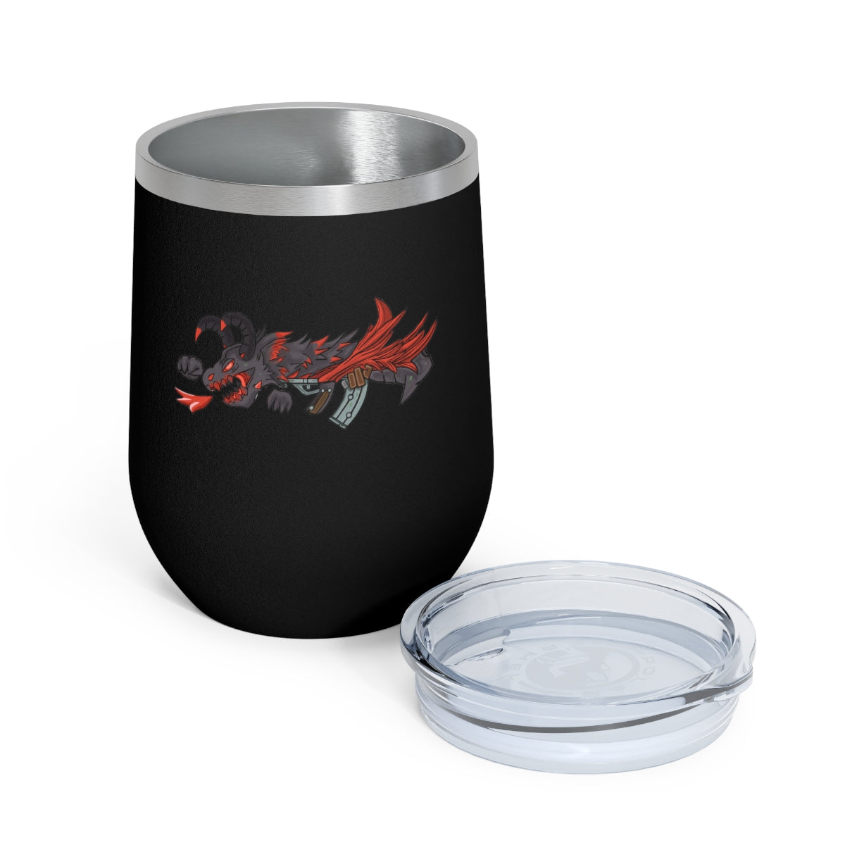 Red Black Dragon Gun 12oz Insulated Wine Tumbler with clear lid, showcasing stylish design and stainless steel construction.